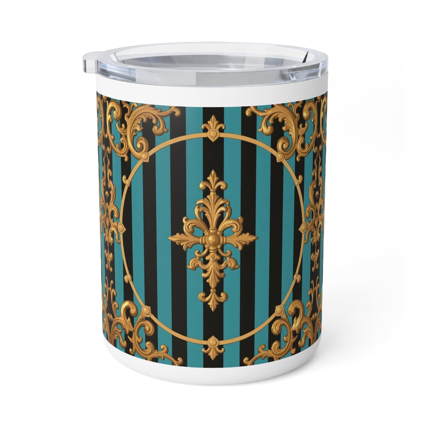 Elegant Turquoise & Black Striped Gold Baroque Insulated Coffee Mug, 10oz - Vintage Design for Coffee Lovers, Perfect Gift for Birthdays