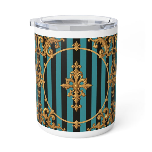 Elegant Turquoise & Black Striped Gold Baroque Insulated Coffee Mug, 10oz - Vintage Design for Coffee Lovers, Perfect Gift for Birthdays