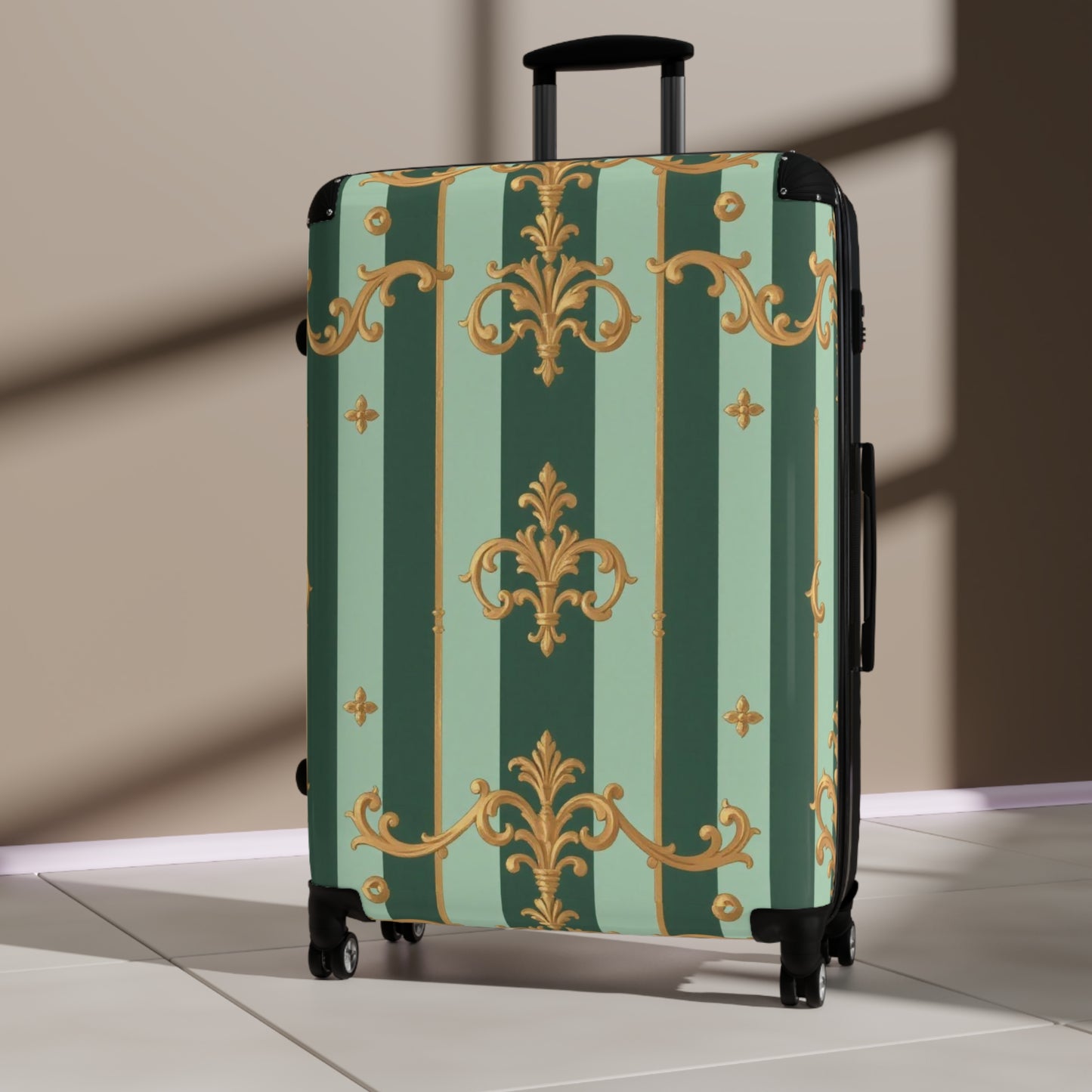 Stylish Travel Suitcase with Elegant Design, Luggage, Vacation Gear, Travel Accessories, Travel Gift - Mint Green & Teal Striped Gold Baroque