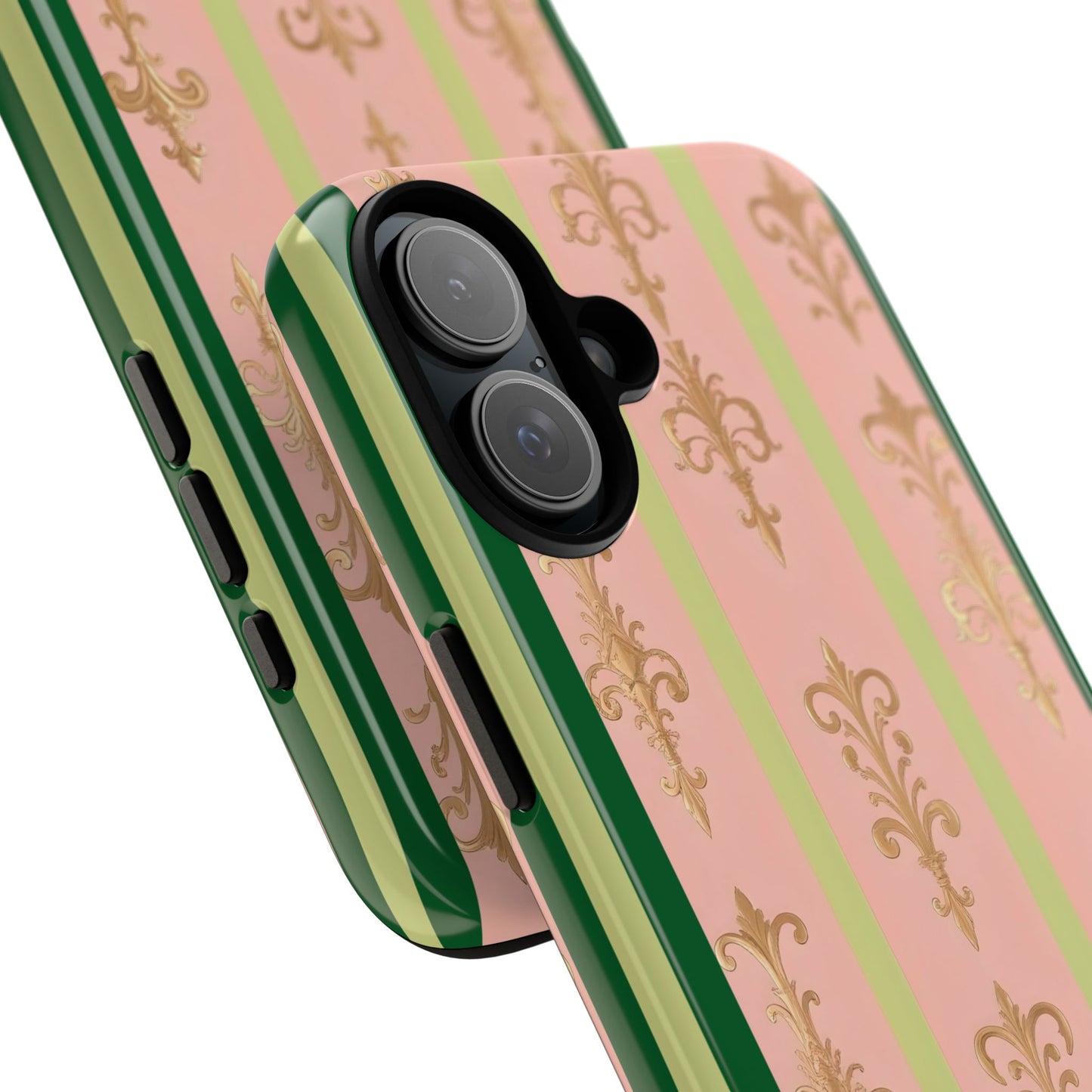 Elegant Floral Motif Phone Case - Tough Cases with Vintage Design - Lime Green & Pink Striped Damask
