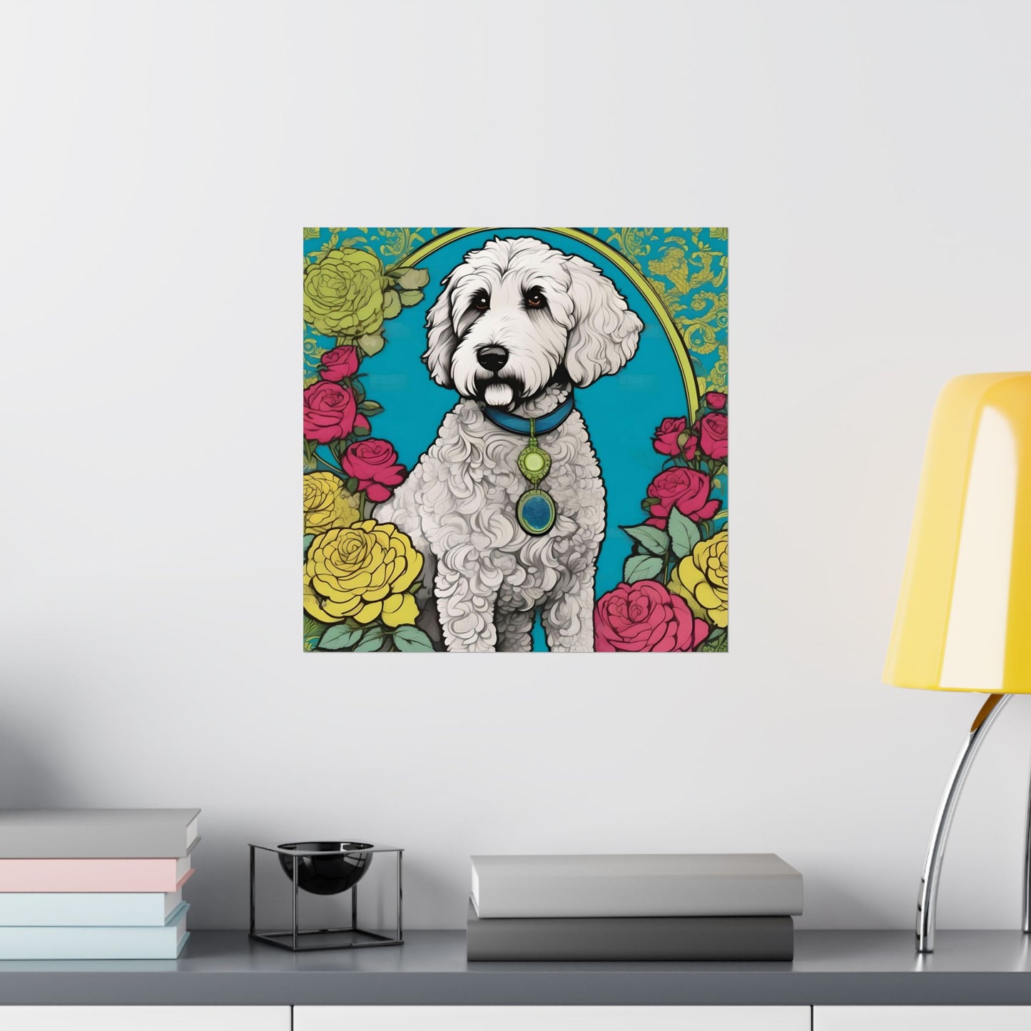 Floral Motif Art Poster - Elegant Matte Vertical Wall Decor - Golden Doodle In Turquoise & Roses