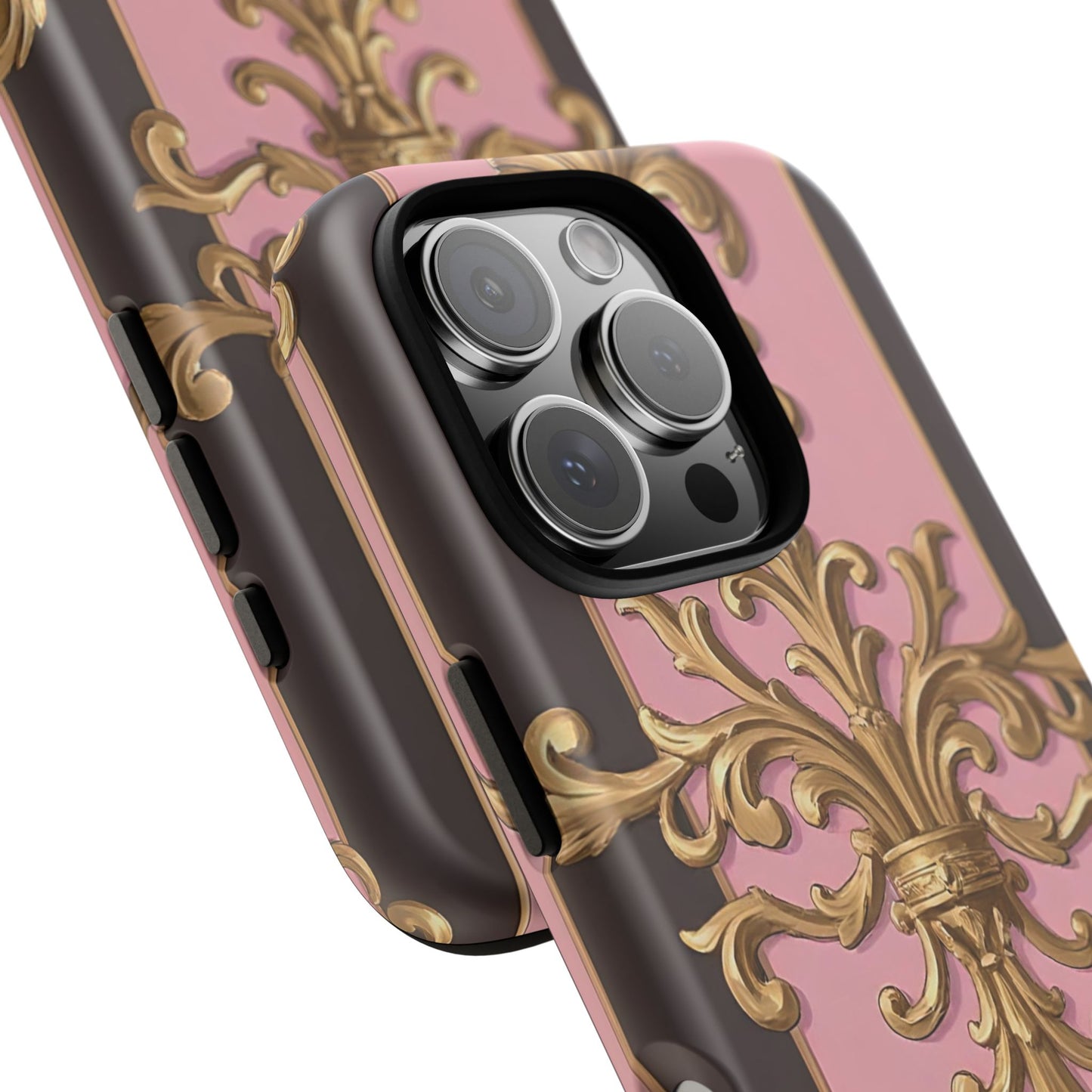 Elegant Floral Motif Phone Case - Tough Cases with Vintage Design - Pink & Brown Striped Gold Damask
