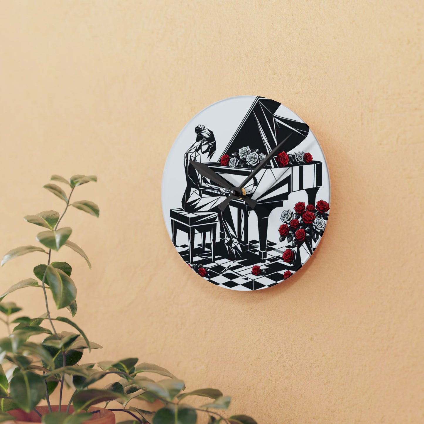 Elegant Piano and Roses Acrylic Wall Clock - Modern Home Decor