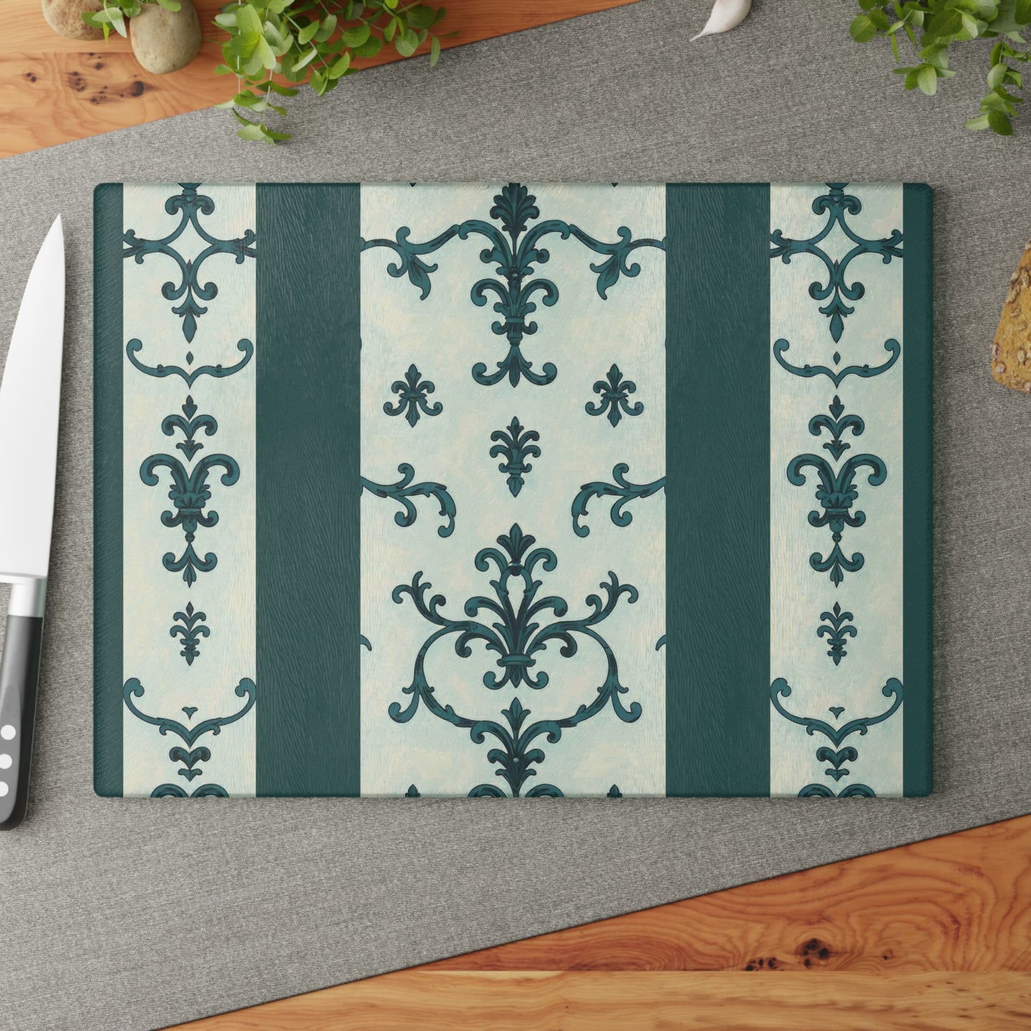 Elegant Glass Cutting Board - Kitchen Decor, Gift for Chefs, Wedding Gift, Home Cooking, Housewarming - Teal Striped Rococo