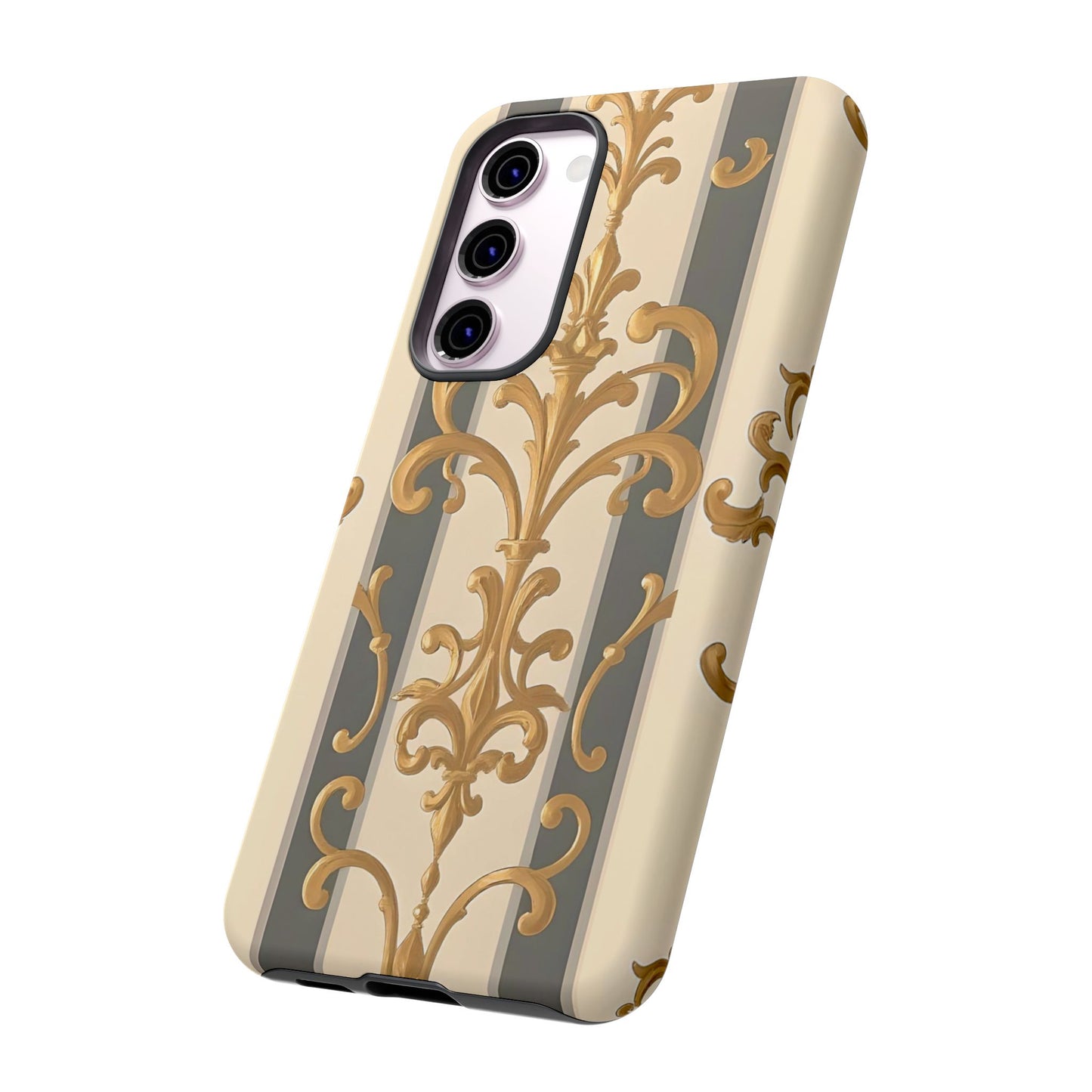 Elegant Floral Motif Phone Case - Tough Cases with Vintage Design - Dusk Olive Striped Gold Damask