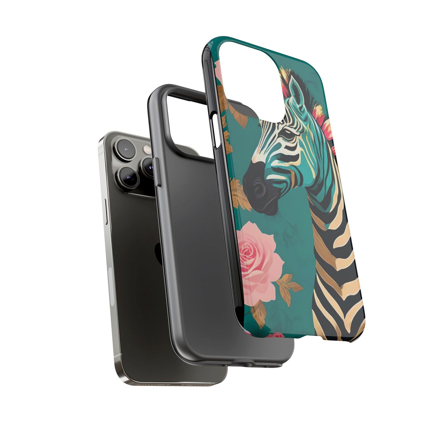 Phone Case - Elegant Teal & Gold Zebra & Roses Design