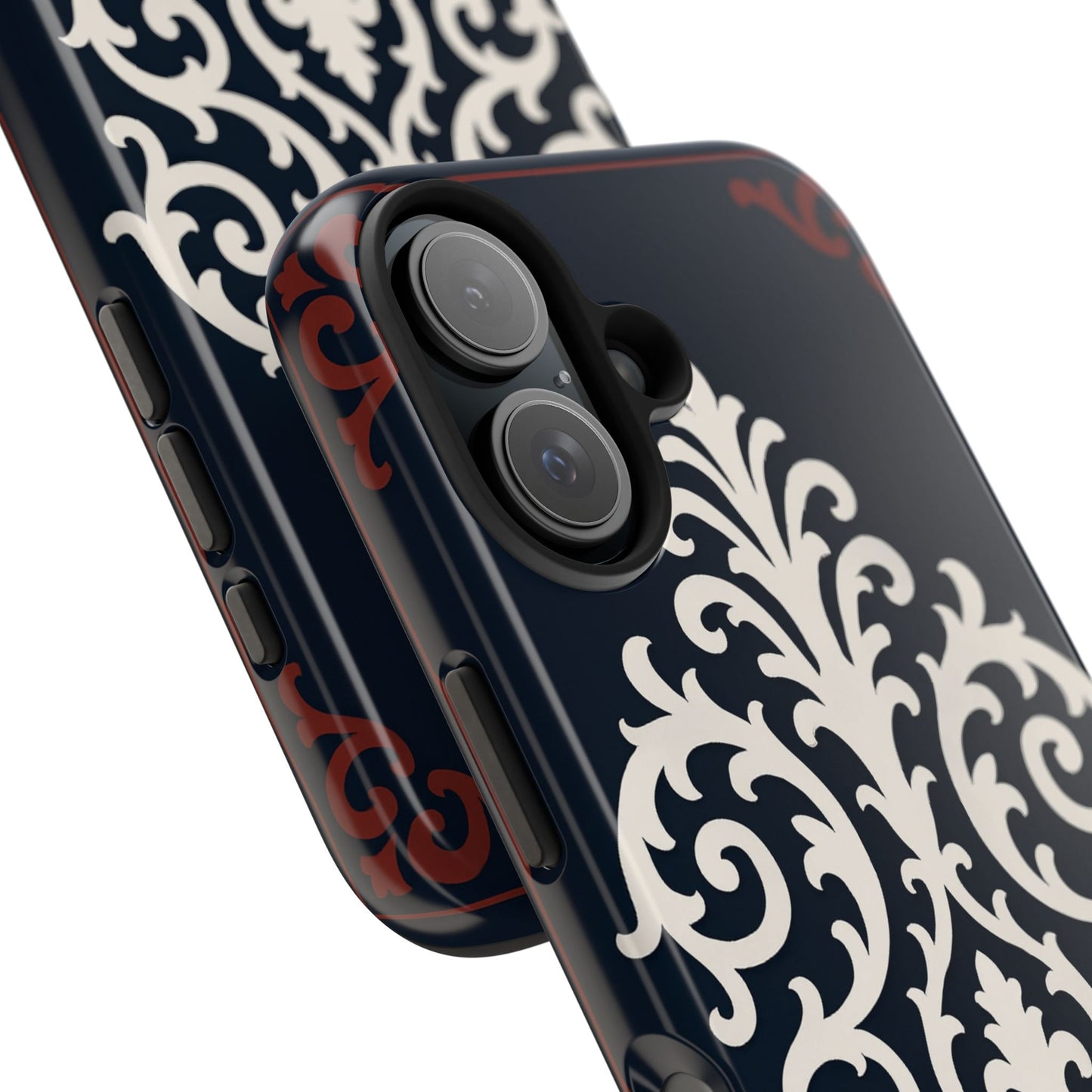 Dusk Blue-Maroon & White Baroque Tough Phone Case — Vintage Scroll Design