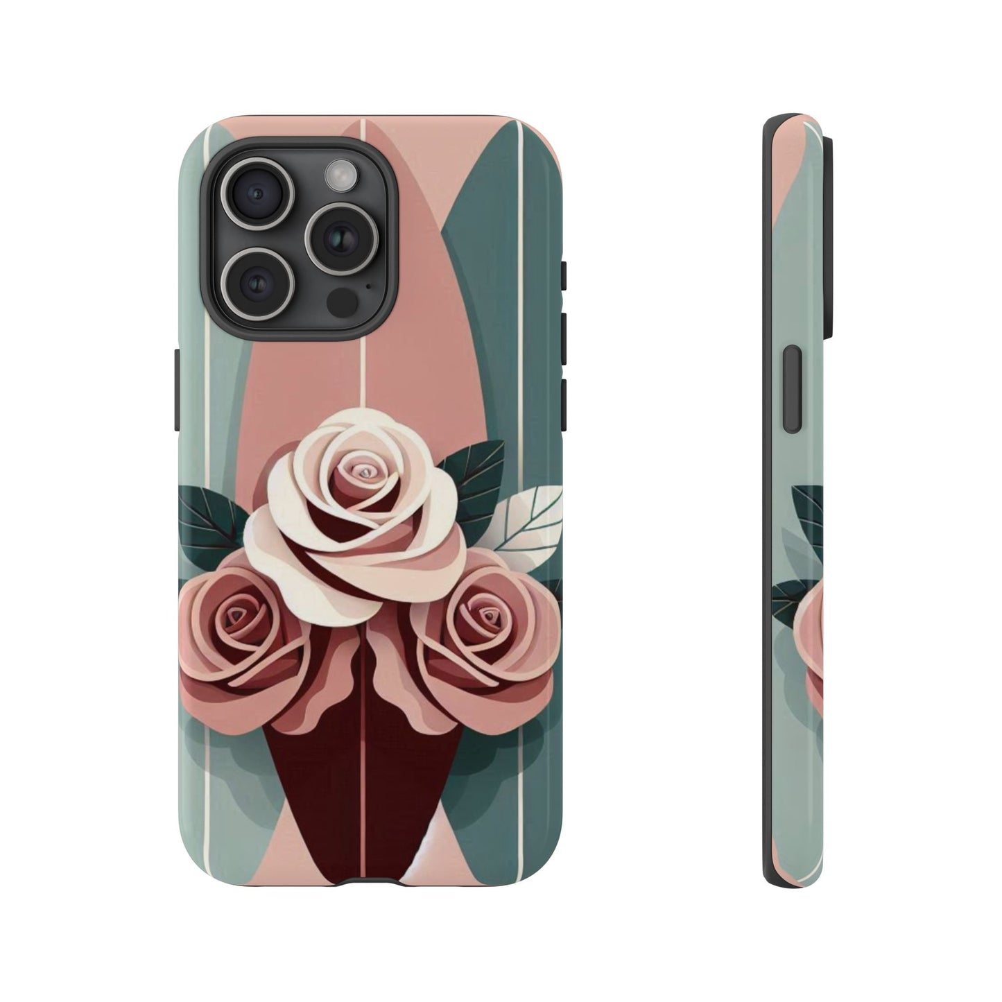Phone Case - Burgundy, Matte Mauve & Teal Surfboard & Roses Design