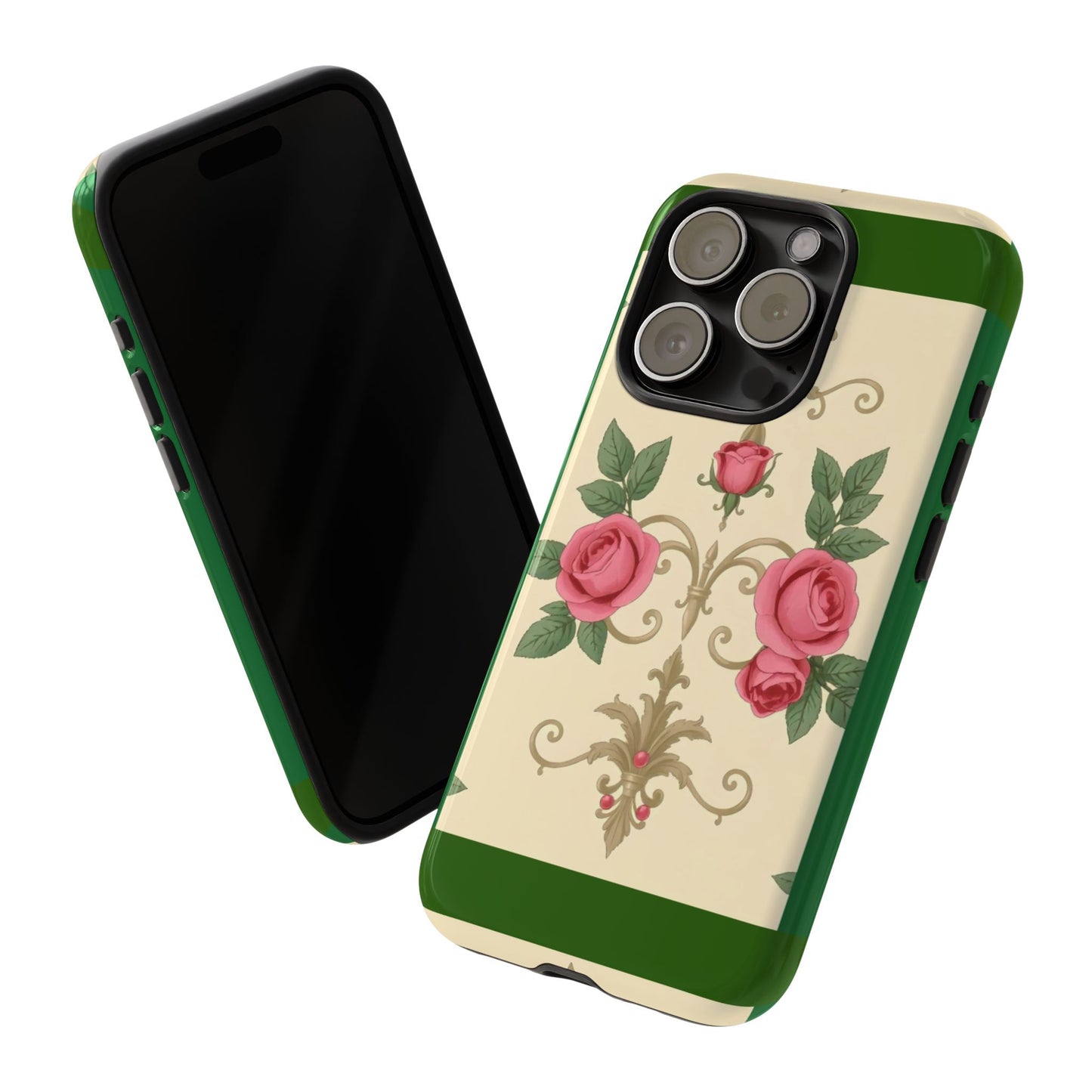 Elegant Floral Motif Phone Case - Tough Cases with Vintage Design - Green Border Roses & Damask