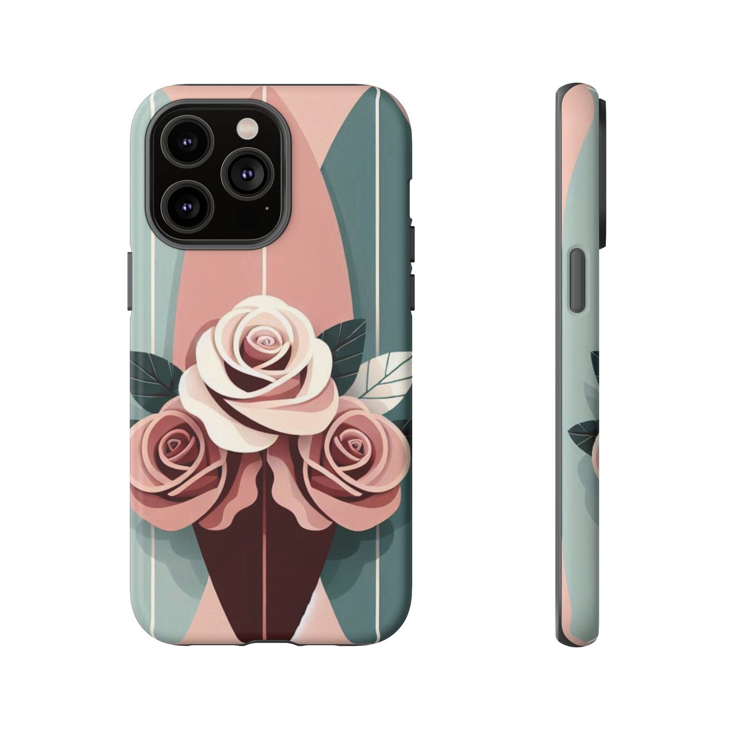 Phone Case - Burgundy, Matte Mauve & Teal Surfboard & Roses Design