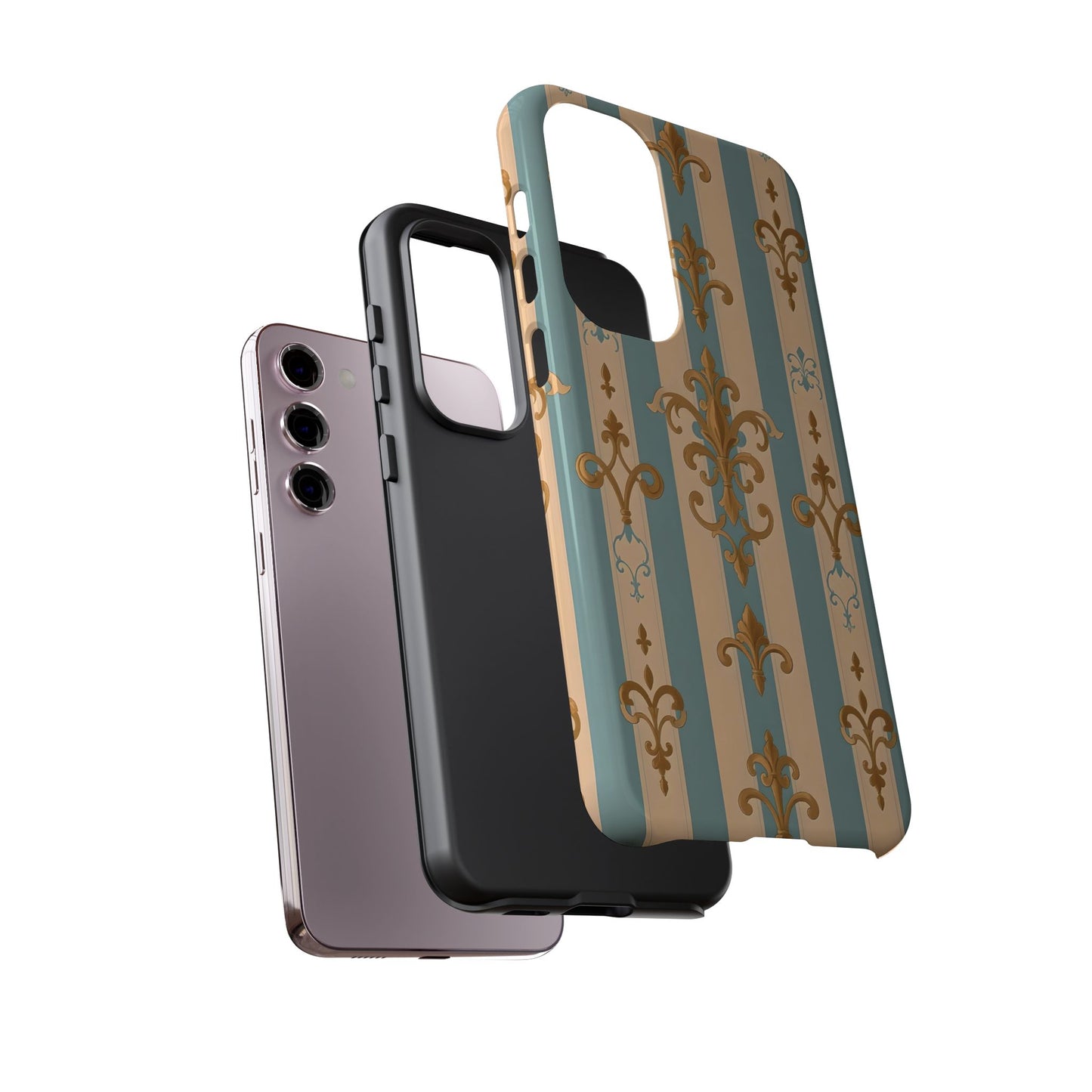 Elegant Floral Motif Phone Case - Tough Cases with Vintage Design -  Beige & Sky Blue Striped Gold Damask