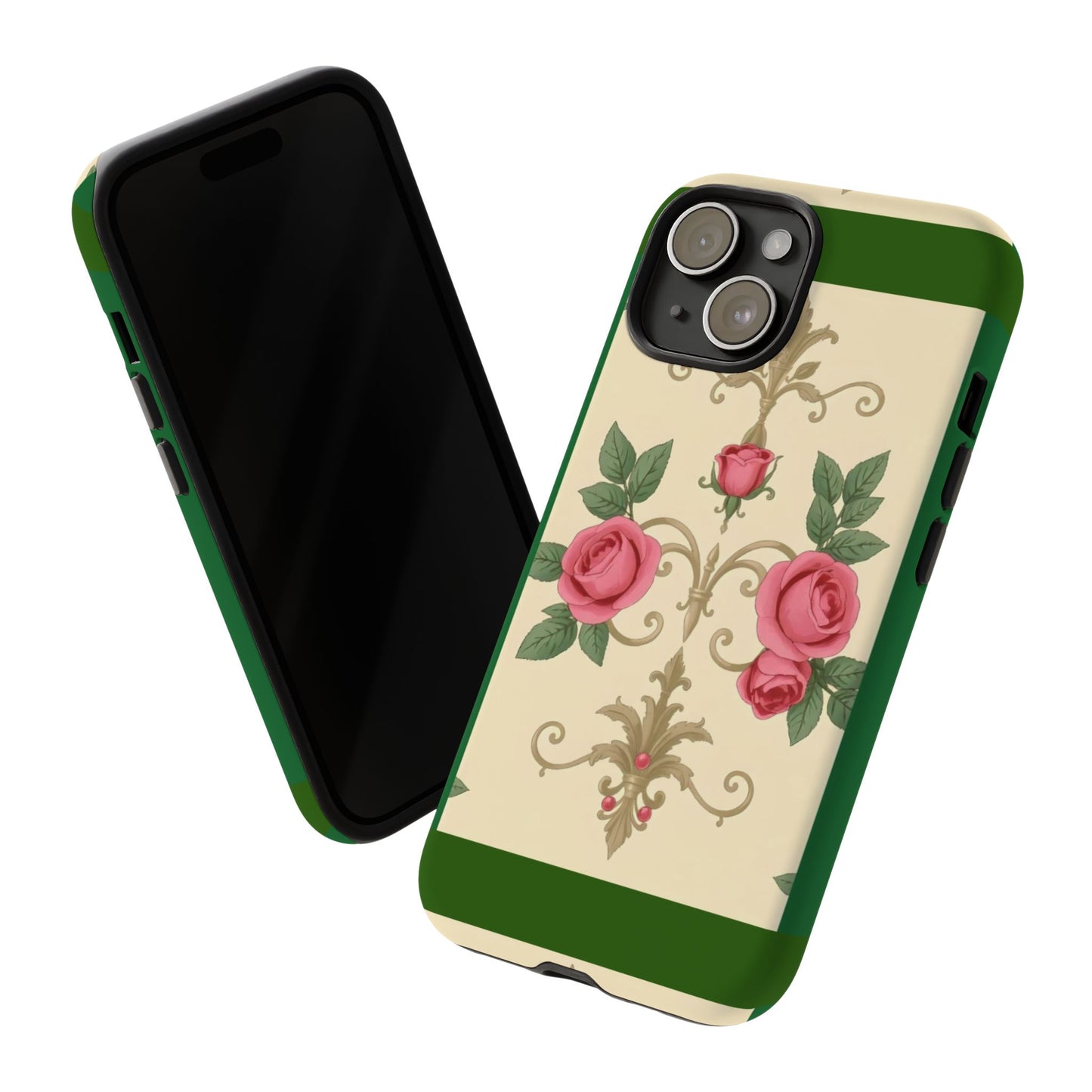 Elegant Floral Motif Phone Case - Tough Cases with Vintage Design - Green Border Roses & Damask