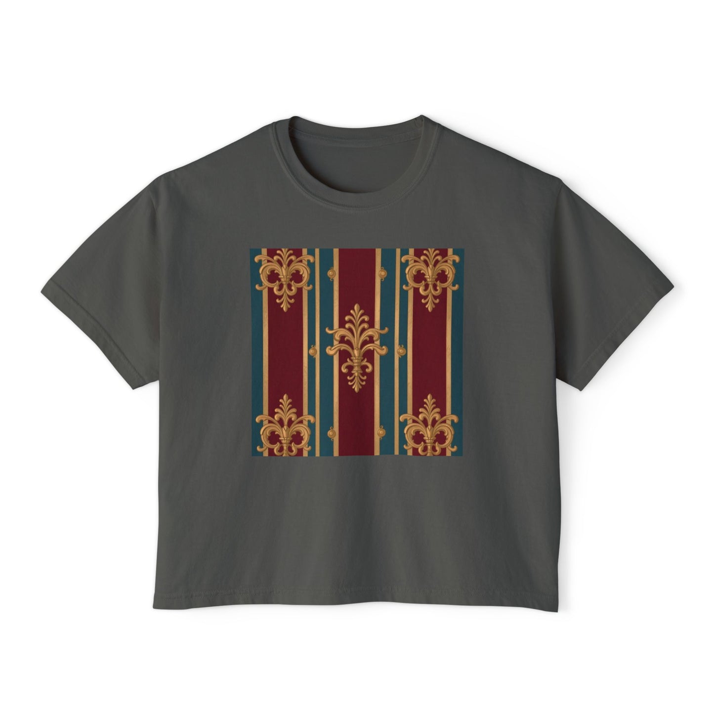 Vintage Floral Women's Boxy Tee, Casual Shirt, Graphic Tee, Everyday Wear, Gift for Her - Burgundy Striped Gold Baroque