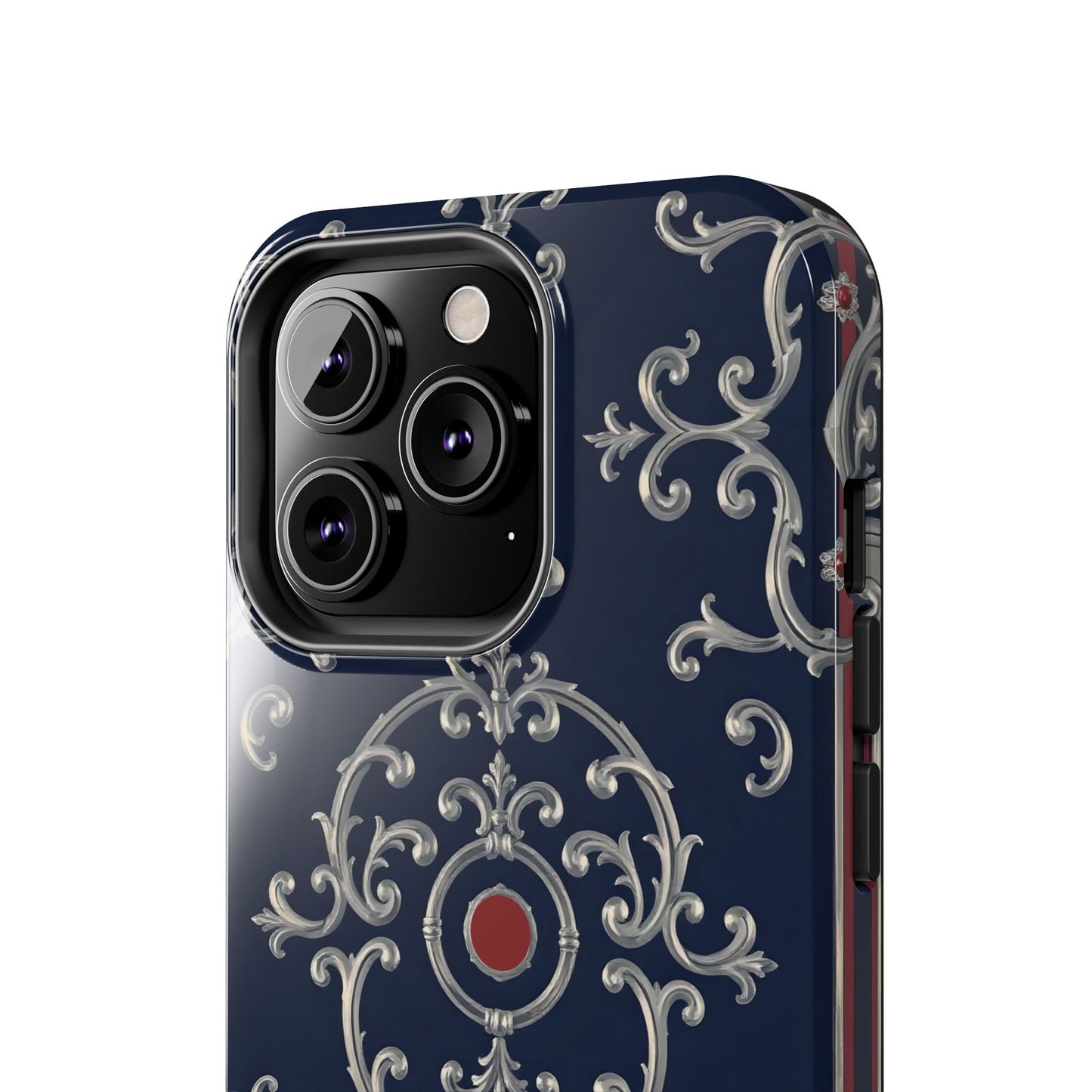Elegant Patterned Tough Phone Cases for Stylish Protection, Gift for Her, Unique Accessories - Blue & Red Striped Silver Baroque