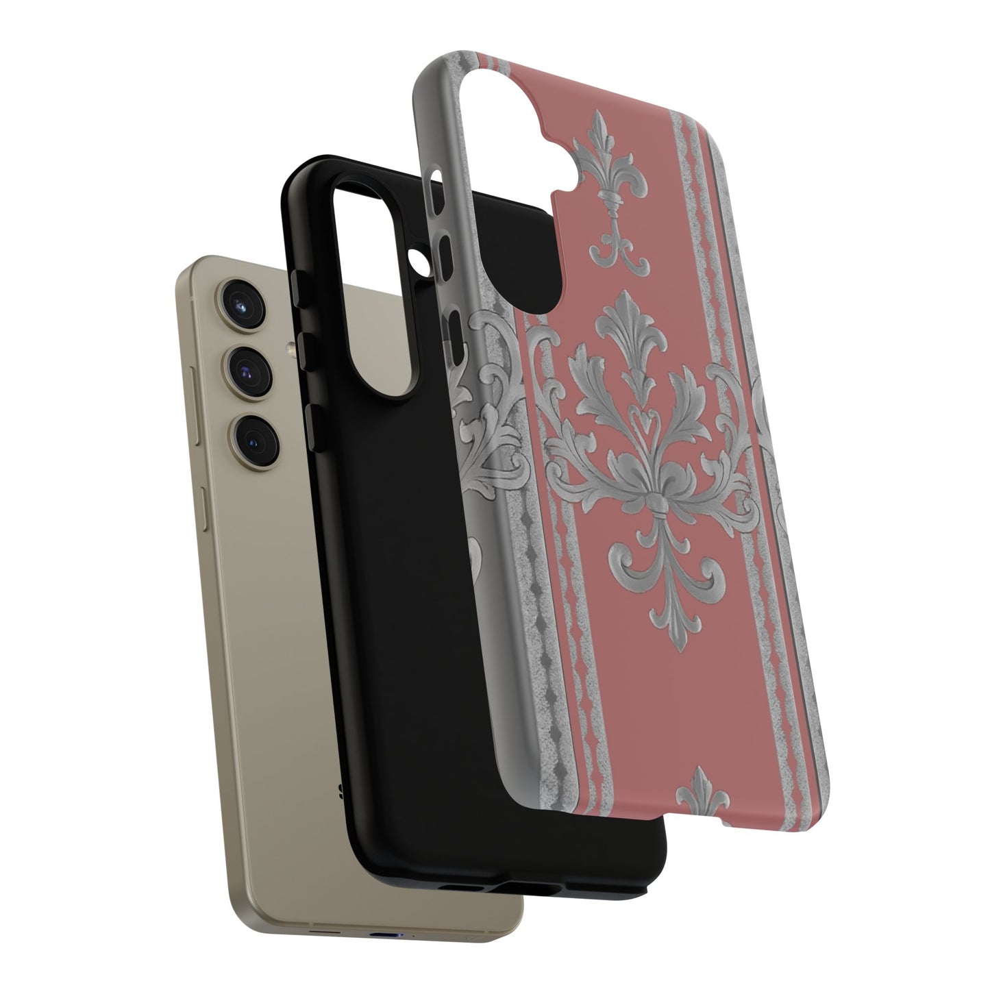 Elegant Floral Phone Case - Tough Cases for Stylish Protection - Gray & Mauve Striped Baroque
