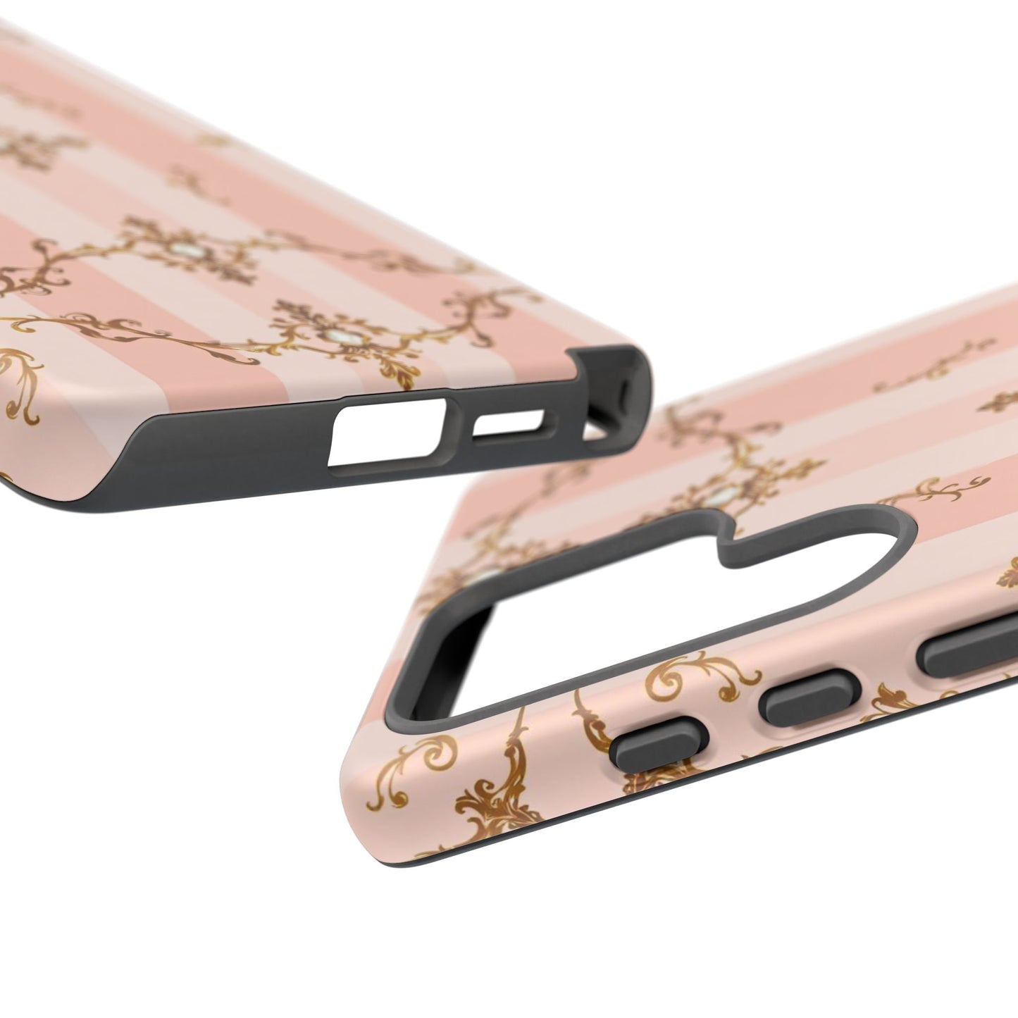 Elegant Floral Phone Case, Tough Cases for Women, Trendy Phone Cover, Chic Gift - Pink Jeweled Striped Gold Baroque