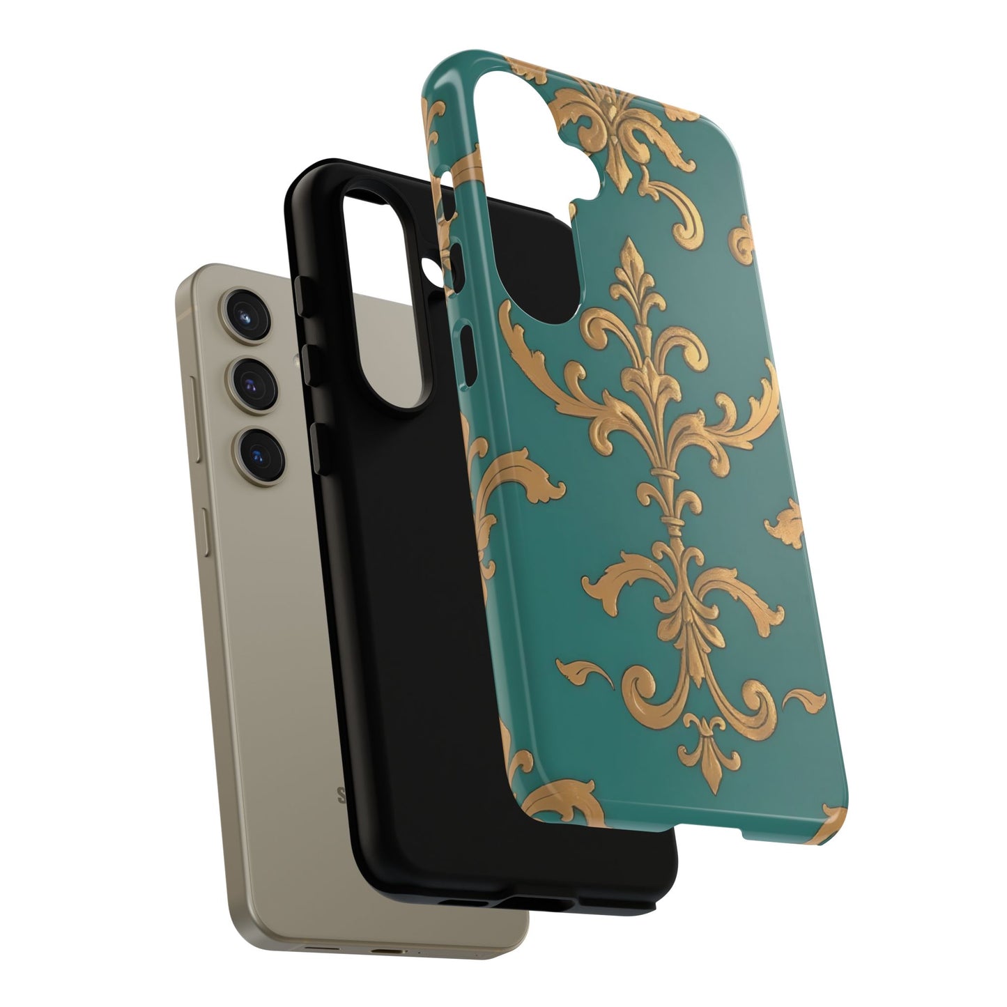 Elegant Floral Motif Phone Case - Tough Cases with Vintage Design - Aqua & Gold Damask
