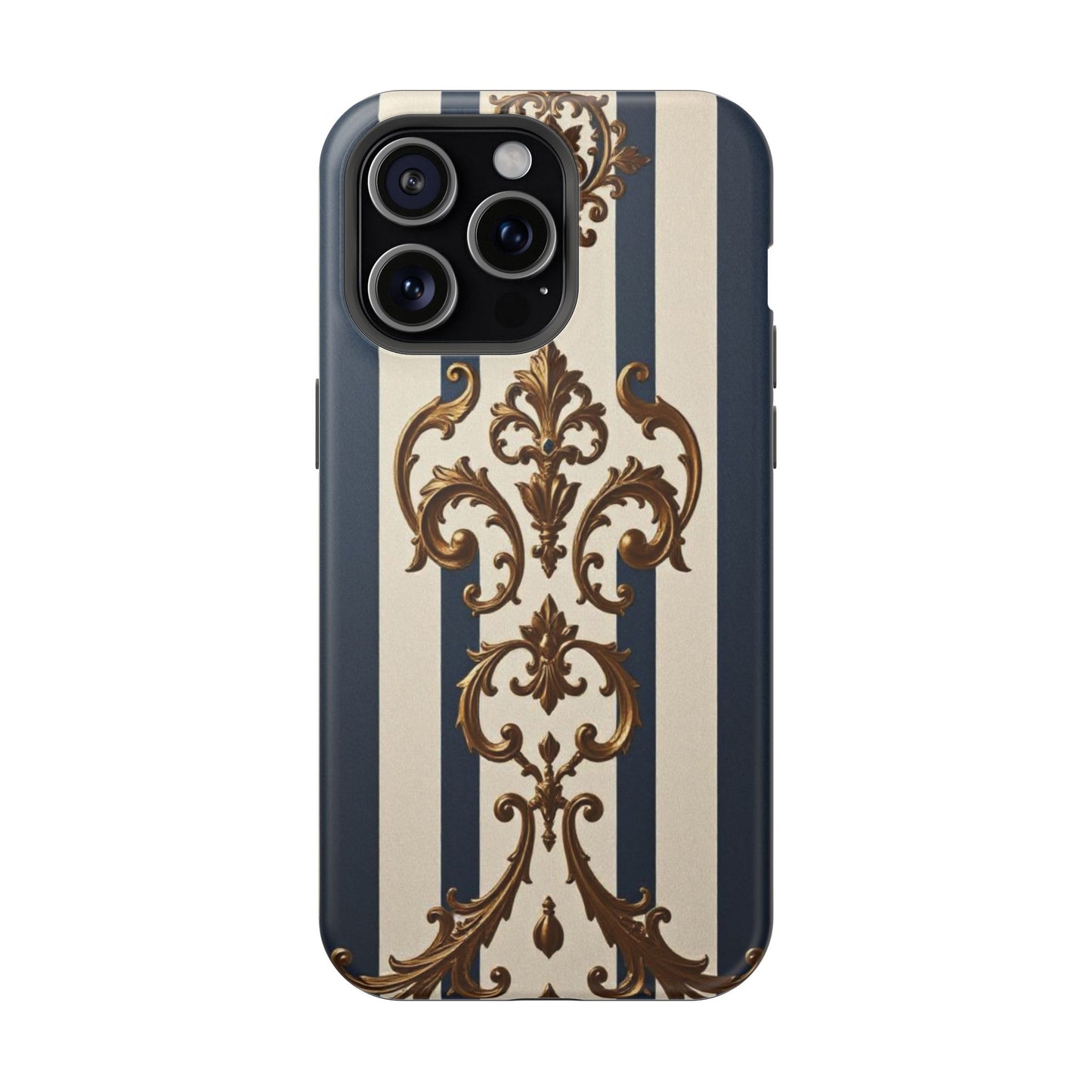 Elegant Striped Magnetic Tough Case - Classic Blue and Gold Damask Design