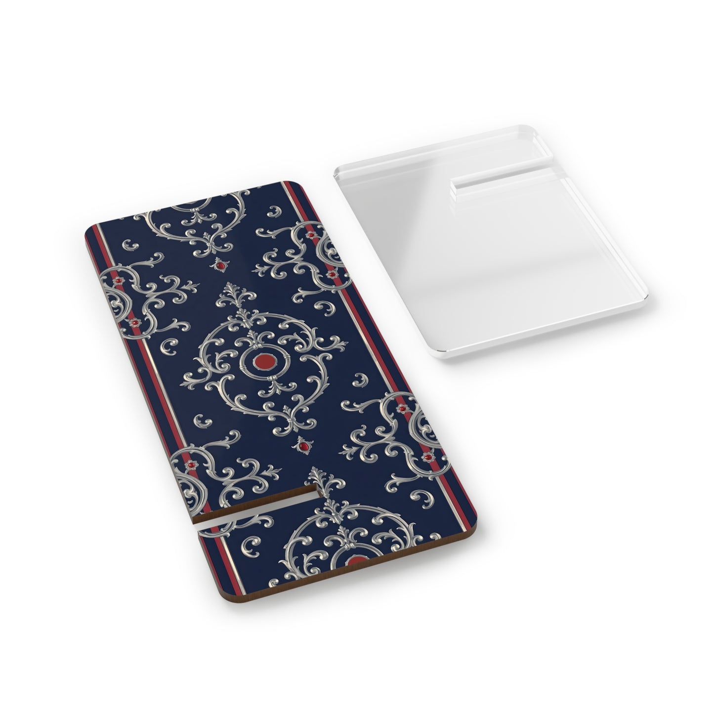 Elegant Smartphone Display Stand | Trendy Desk Organizer, Decorative Phone Holder, Gift for Tech Lovers - Blue & Red Striped Silver Baroque