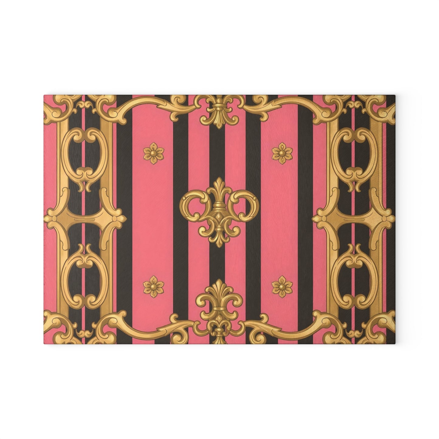 Elegant Pink and Black Glass Cutting Board, Kitchen Decor, Cooking Gift, Housewarming Present - Pink & Black Striped Gold Baroque