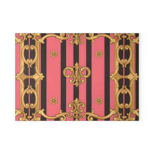 Elegant Pink and Black Glass Cutting Board, Kitchen Decor, Cooking Gift, Housewarming Present - Pink & Black Striped Gold Baroque