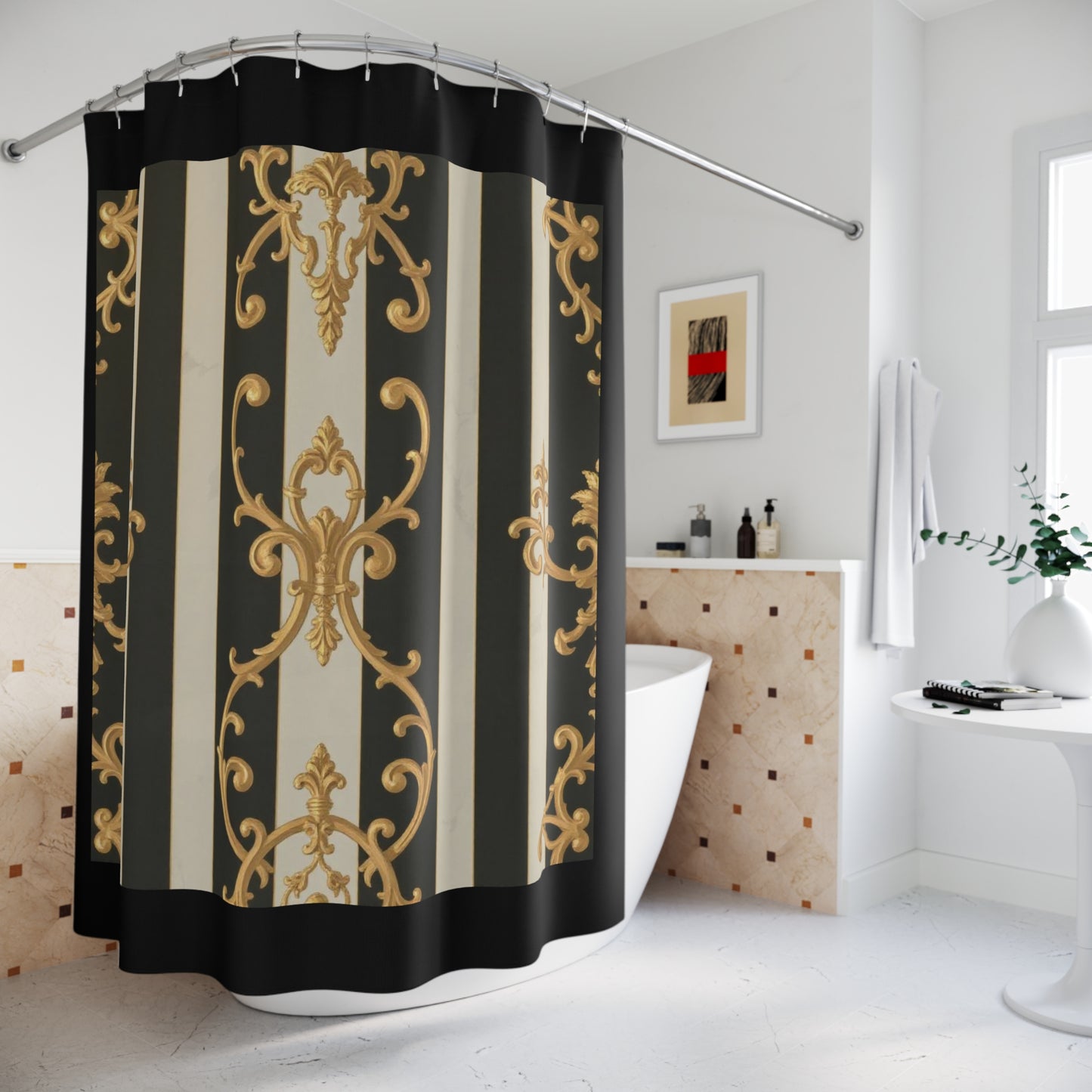 Elegant Black and Alabaster Striped Baroque Shower Curtains, Luxury Bathroom Decor, Modern Home Accents, Stylish Gift, Elegant Design