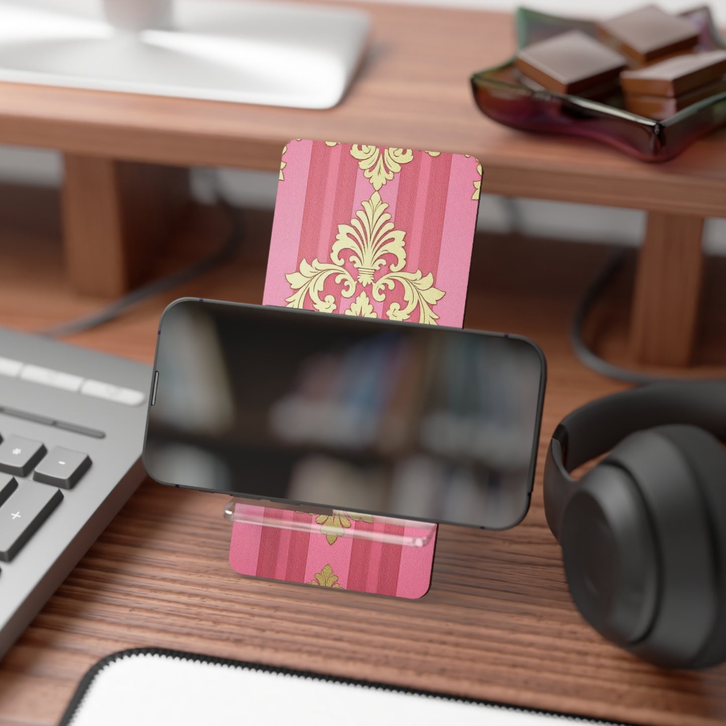 Elegant Floral Smartphone Display Stand - Pink Striped Damask - Decorative Mobile Holder