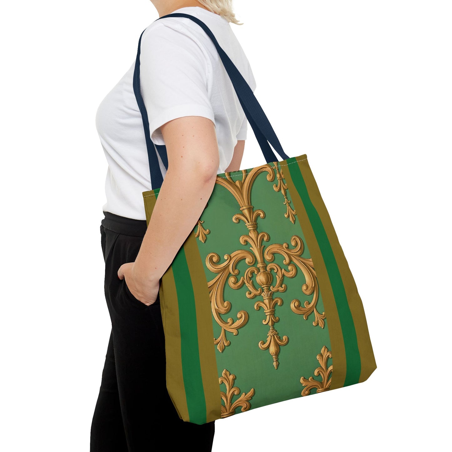 Ornate Floral Tote Bag, Chic Shopping Bag, Fashionable Eco Tote, Stylish Gift for Her, Versatile Everyday Use - Olive Green Striped Rococo