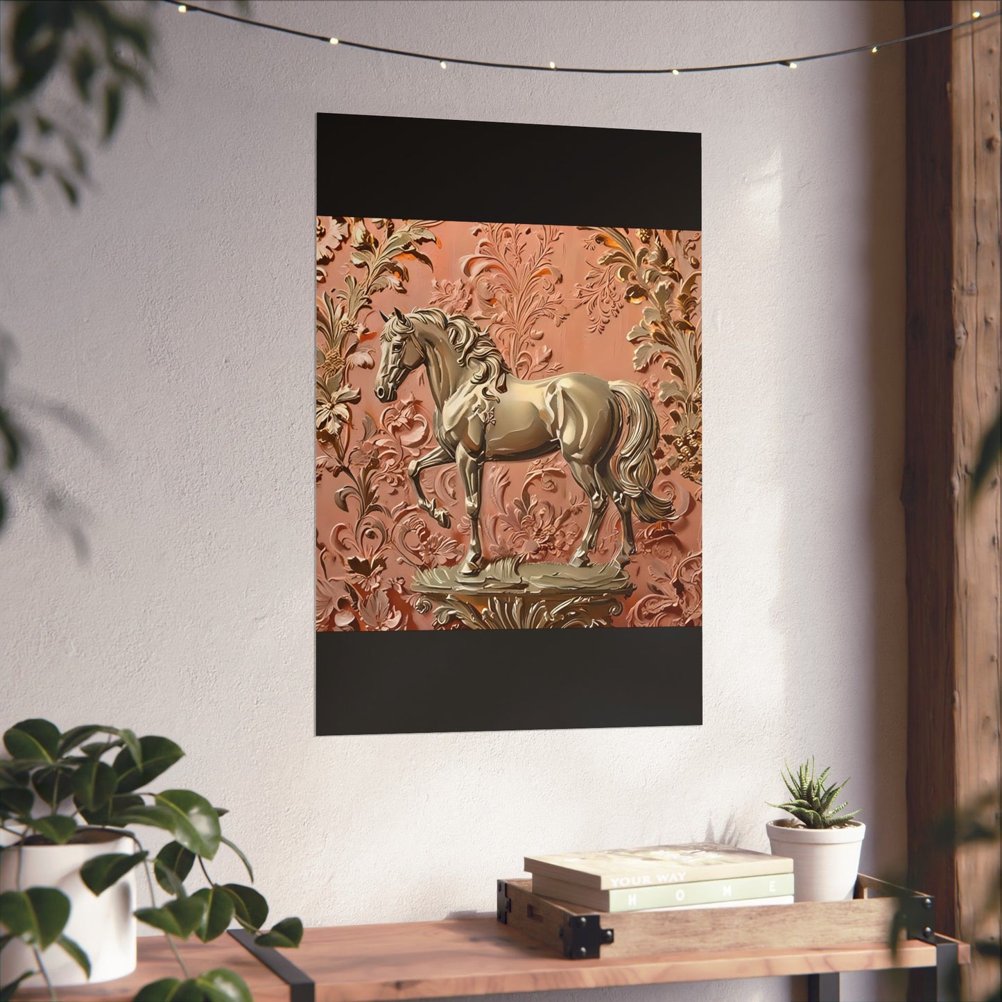 Floral Motif Art Poster - Elegant Matte Vertical Wall Decor - Gold Horse In Peach & Gold Damask