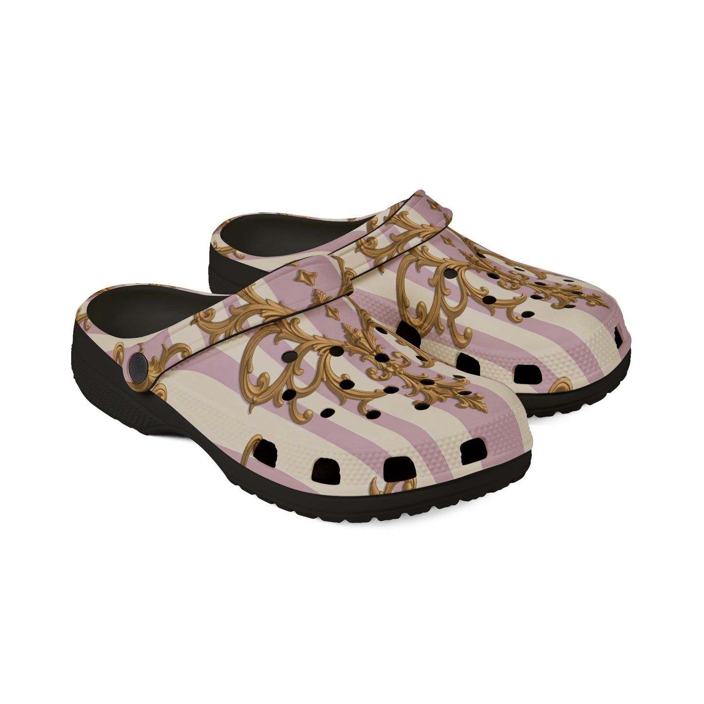 Chic Floral Clogs - Stylish EVA Foam Slip-On Shoes, Cute Garden Footwear, Comfortable Walkers - Lilac & Alabaster Striped Gold Baroque