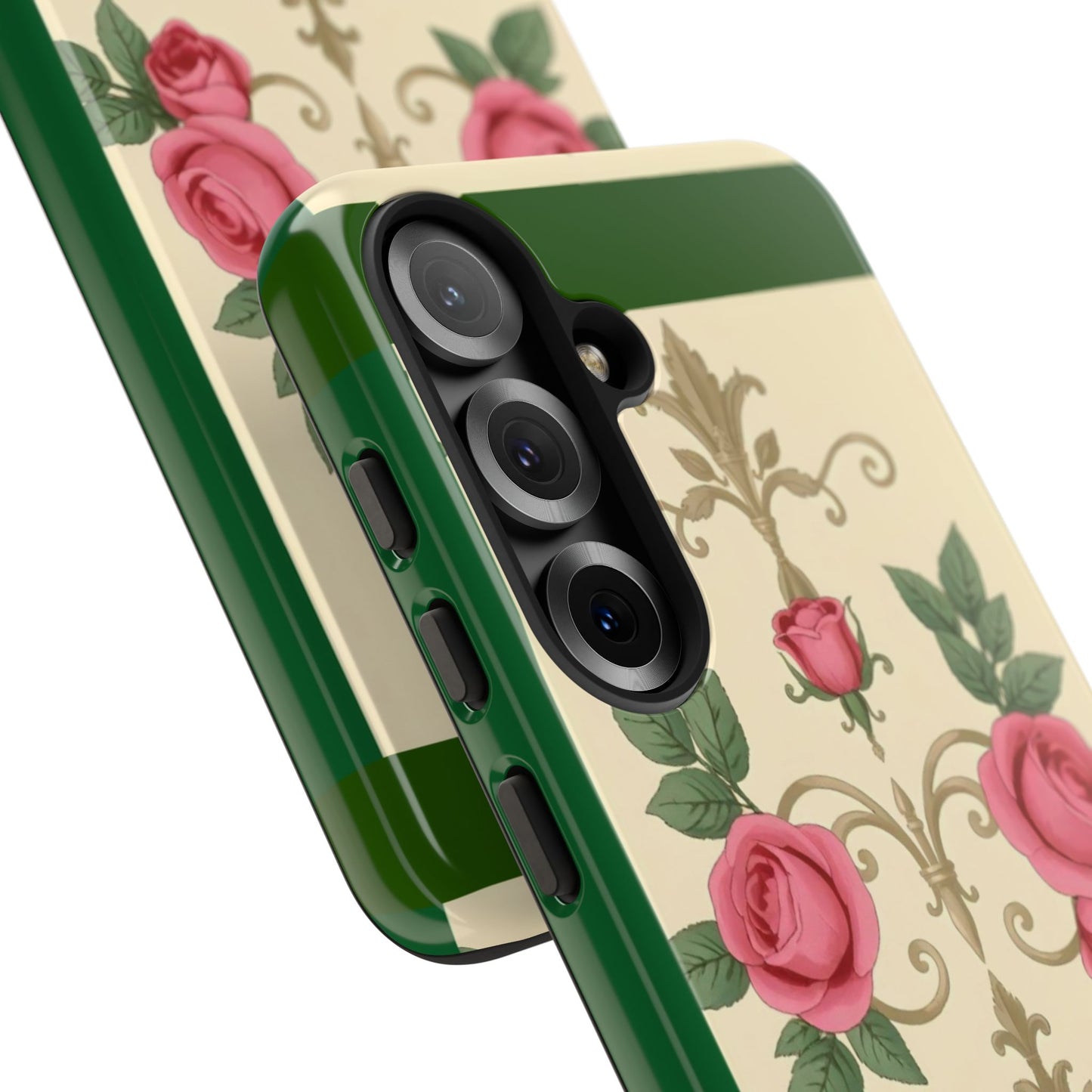 Elegant Floral Motif Phone Case - Tough Cases with Vintage Design - Green Border Roses & Damask