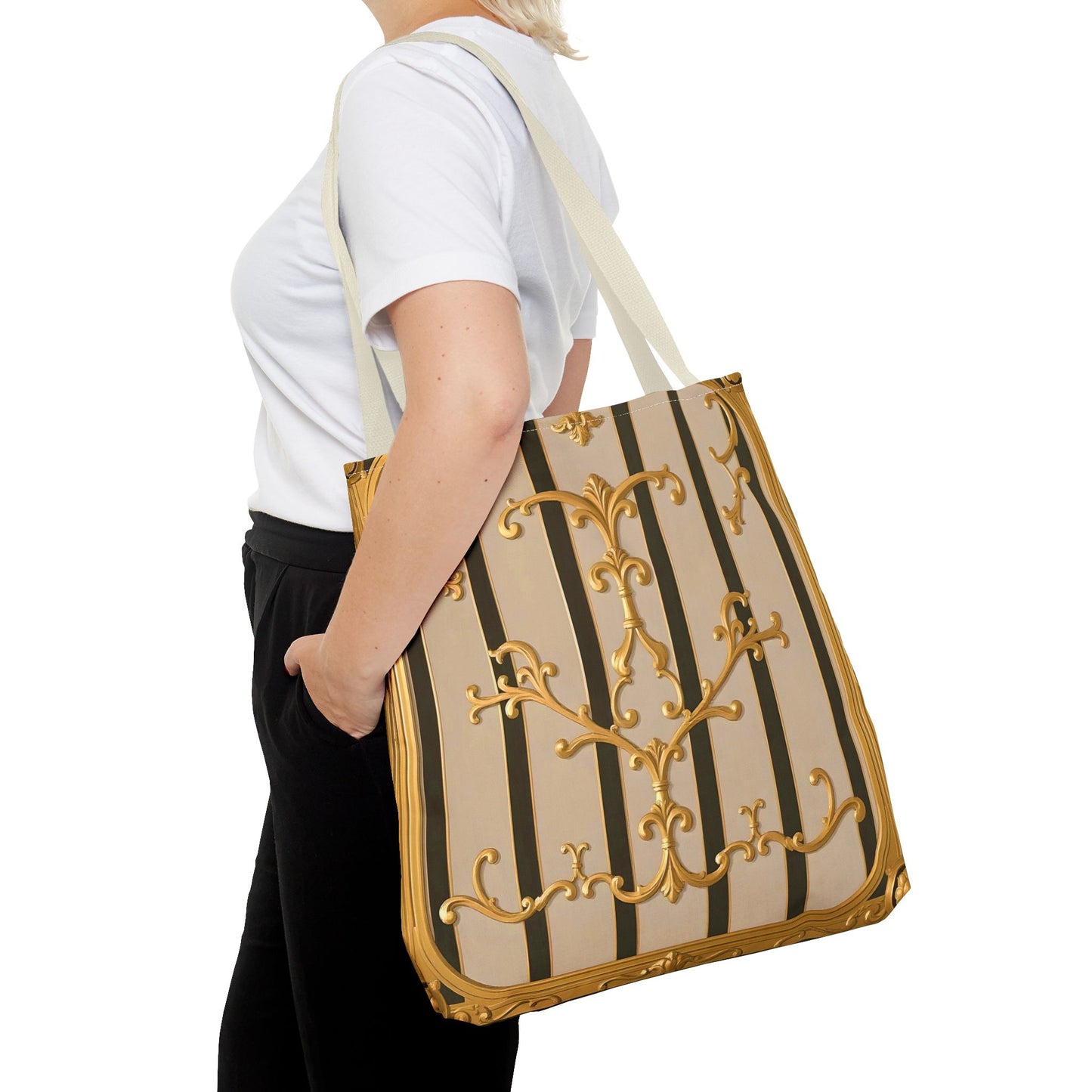 Elegant Gold Pattern Tote Bag - Stylish Carryall for Everyday Use, Eco-Friendly Shopping, Gift for Her - Beige Striped Gold Rococo