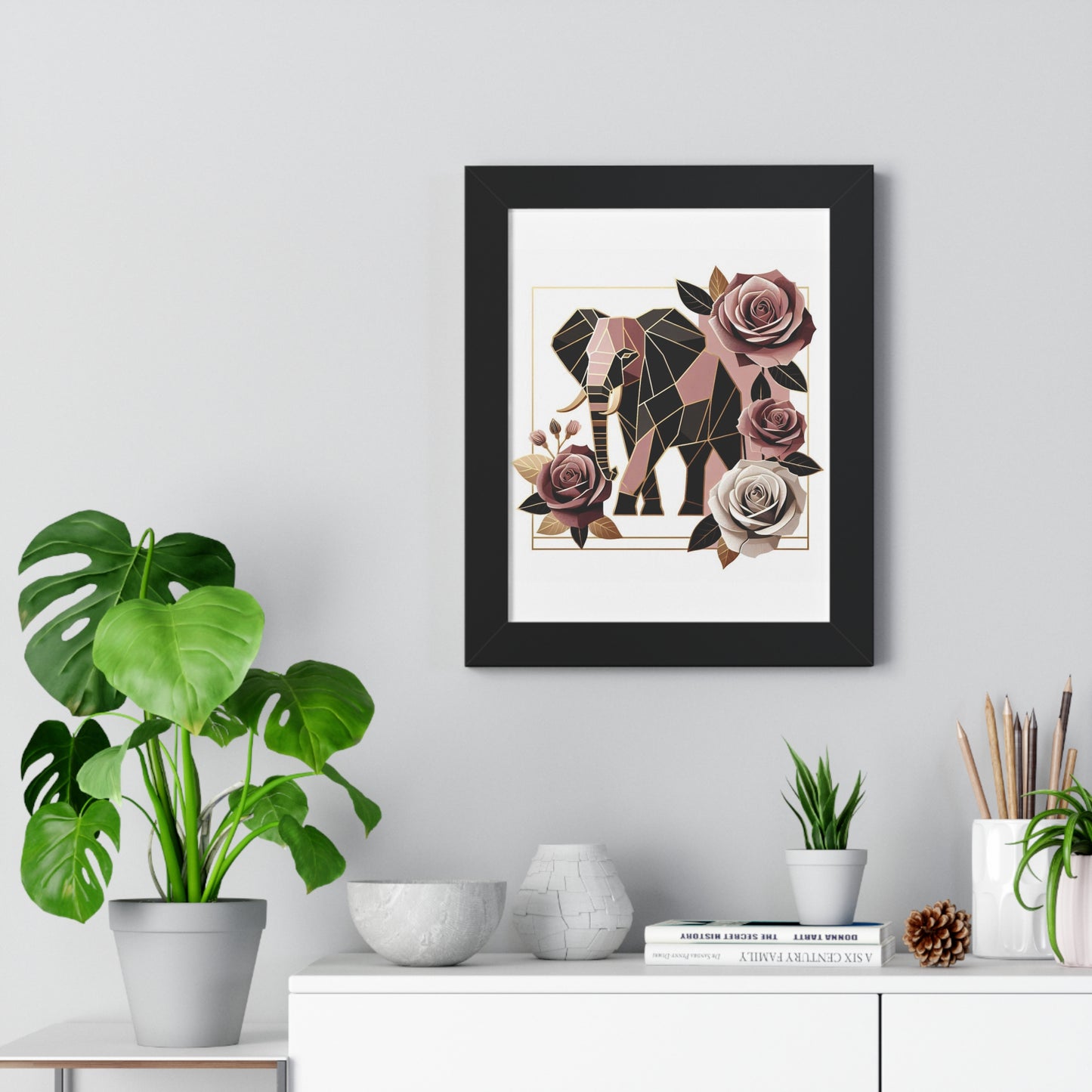 Vertical Poster - Brown & Mauve Elephant & Roses Wall Art