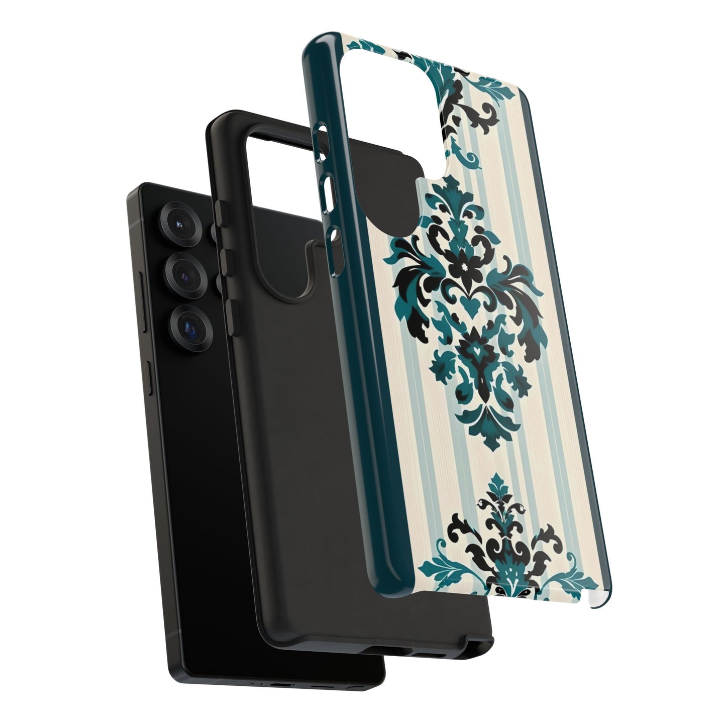 Elegant Floral Phone Case - Tough Cases with Vintage Design - Teal Striped Damask