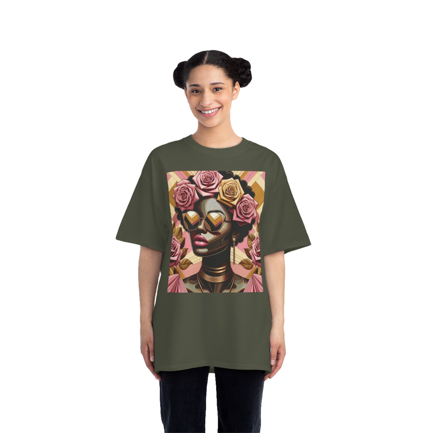 Artistic Floral Feminine T-Shirt, Stylish Tee with Mixed Media Design, Vibrant Short-Sleeve Top, Trendy Casual Wear - Pink Roses Lady