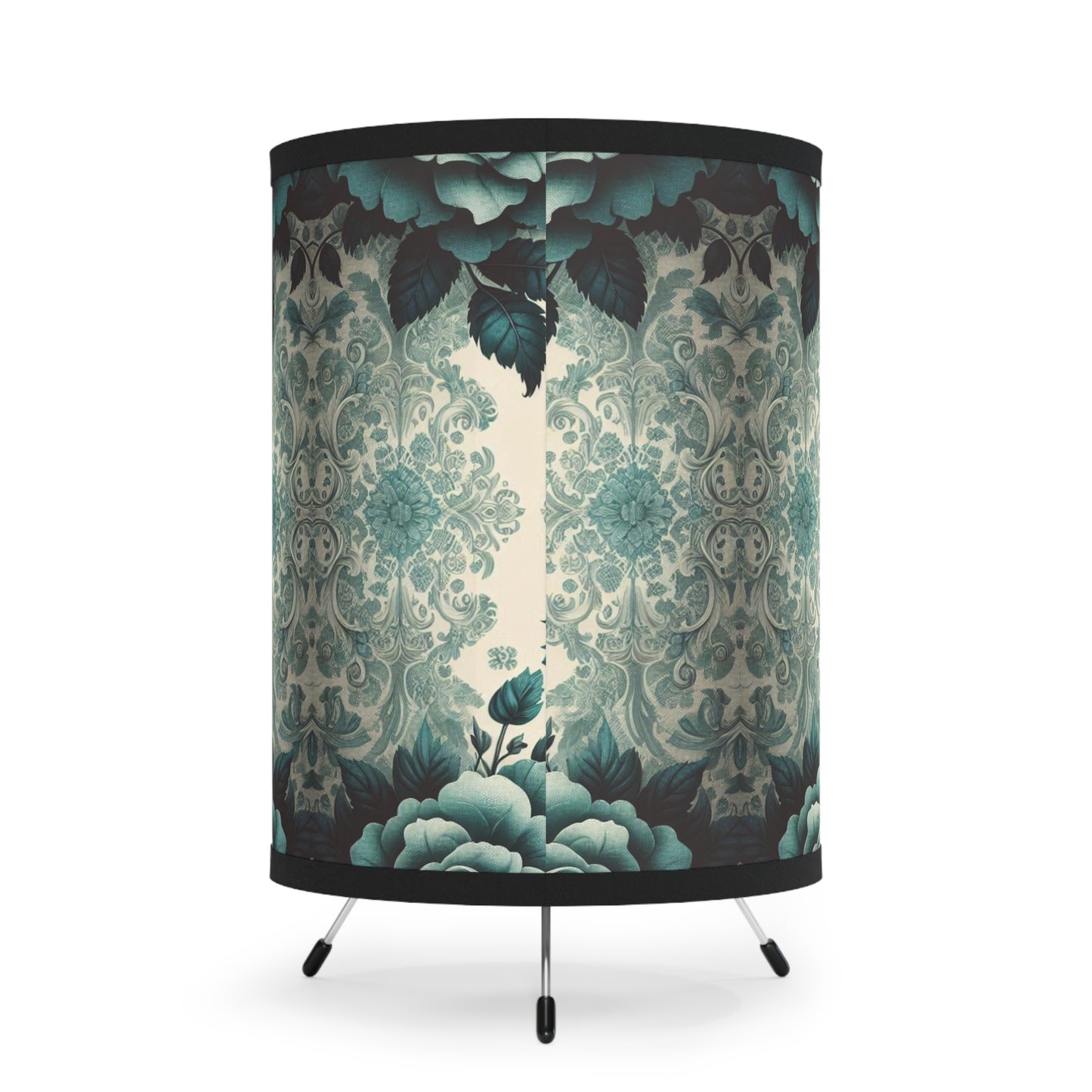 Elegant Tripod Lamp with Vintage Floral Print Shade - High-Res Home Accent - Teal Roses & Damask