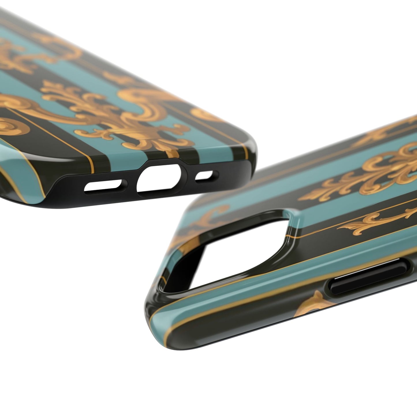 Elegant Baroque Tough Phone Case, Stylish Phone Cover, Durable iPhone Case, Unique Gift - Black & Turquoise Striped Baroque