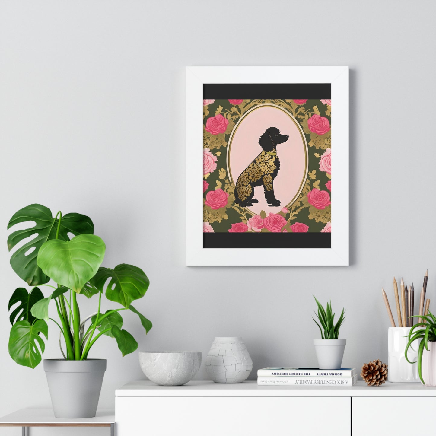 Vertical Poster - Stylish Framed - Art for Home Decor - Damask Black & Gold Poodle in Olive & Pink Roses