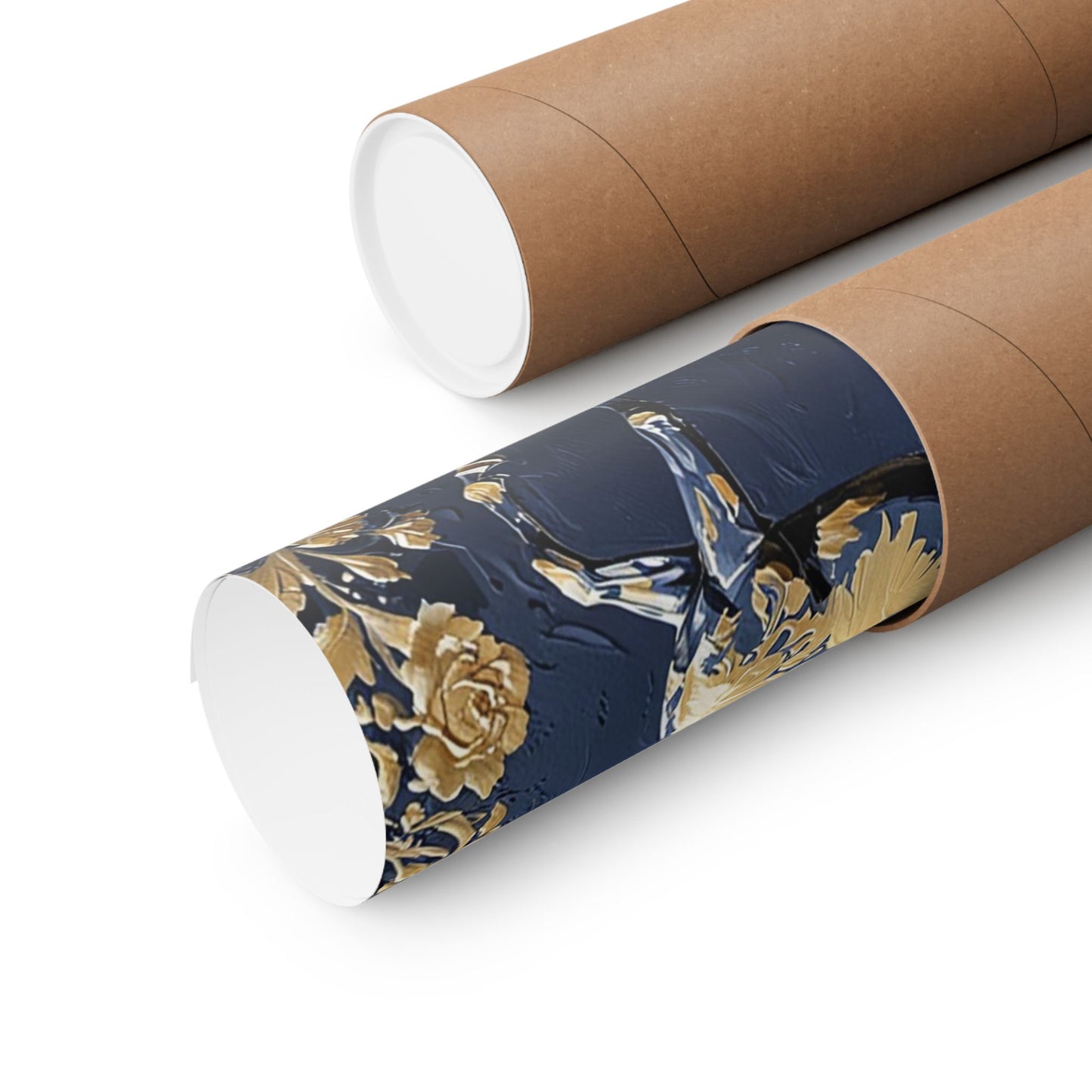 Floral Motif Art Poster - Elegant Matte Vertical Wall Decor - Midnight Blue & Gold Damask Horse
