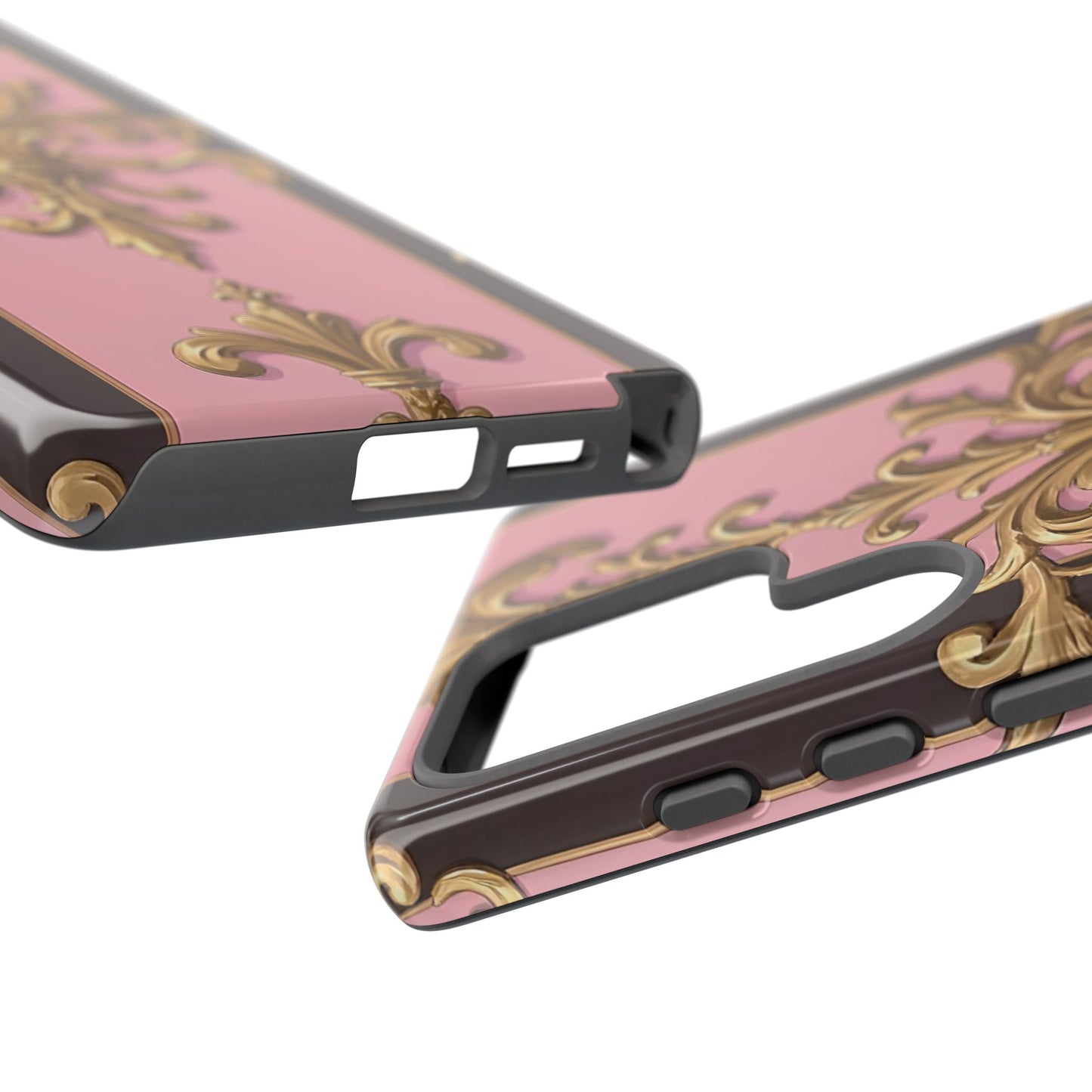 Elegant Floral Motif Phone Case - Tough Cases with Vintage Design - Pink & Brown Striped Gold Damask