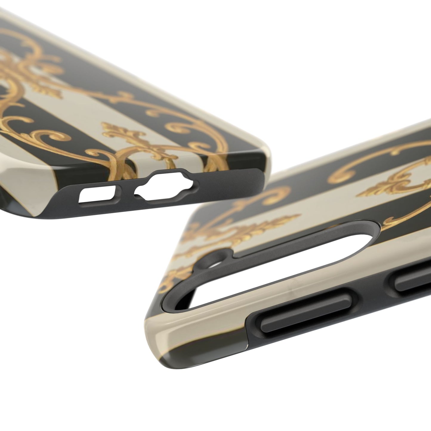 Elegant Black & Alabaster Striped Baroque Tough Phone Cases - Chic Protection, Black Gold Decor, Stylish Accessory, Gift for Her, Trendy Tech