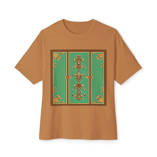 Vintage Floral Oversized Tee - Unisex Relaxed Fit - Rust & Green Striped Baroque