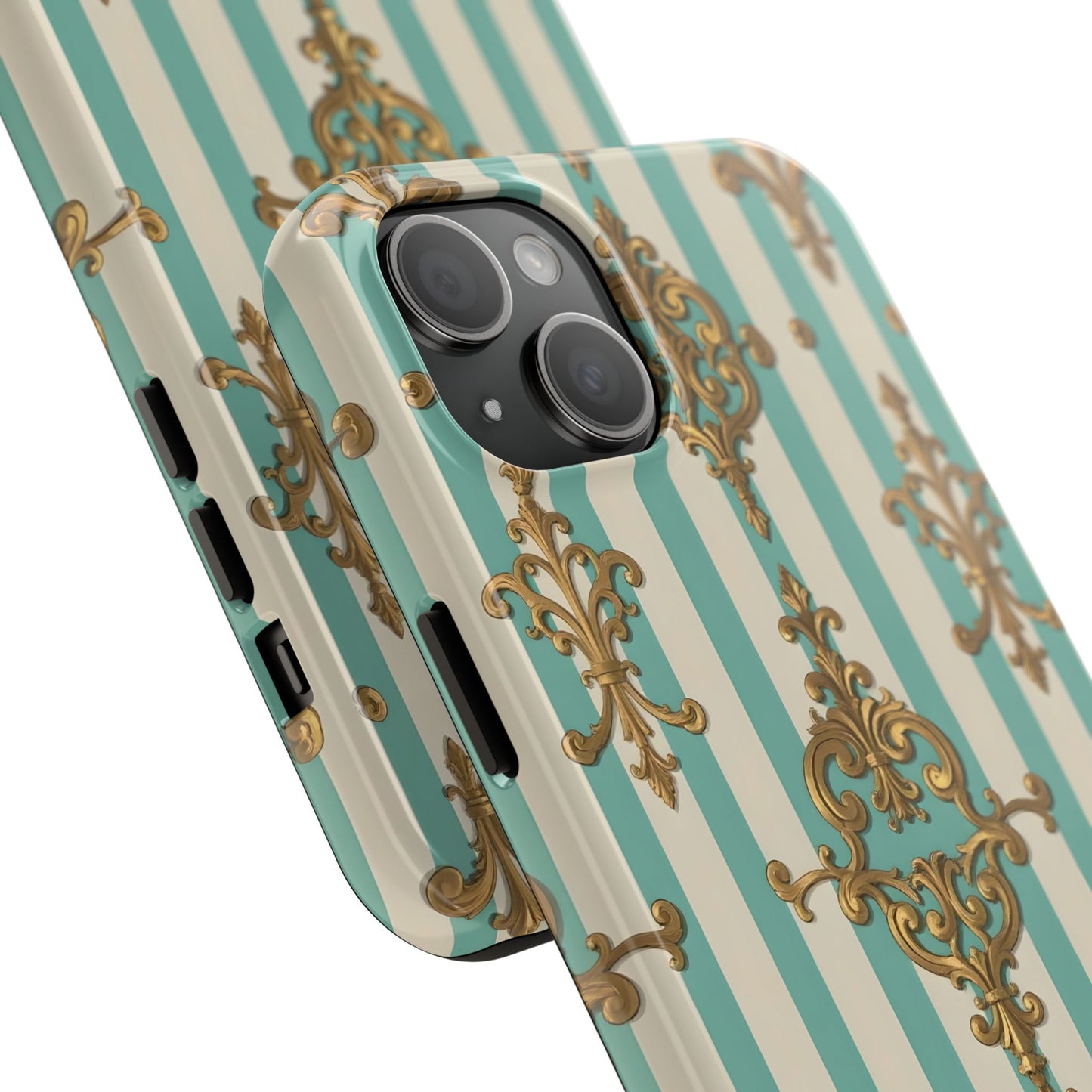 Elegant Striped Phone Case with Vintage Design, Tough Phone Cover, Stylish Smartphone Case - Matte Green Striped Rococo