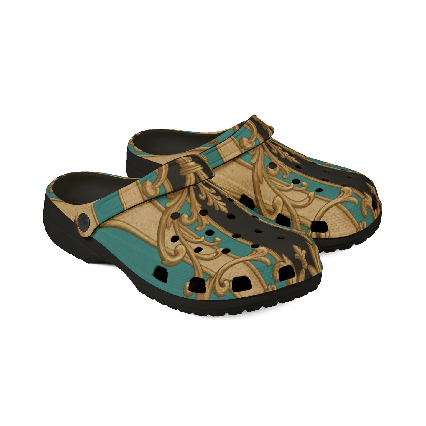 Stylish Black, Tan & Ocean Green Striped Gold Baroque  EVA Foam Rubber Clogs, Trendy Garden Shoes, Fashionable Slip-Ons