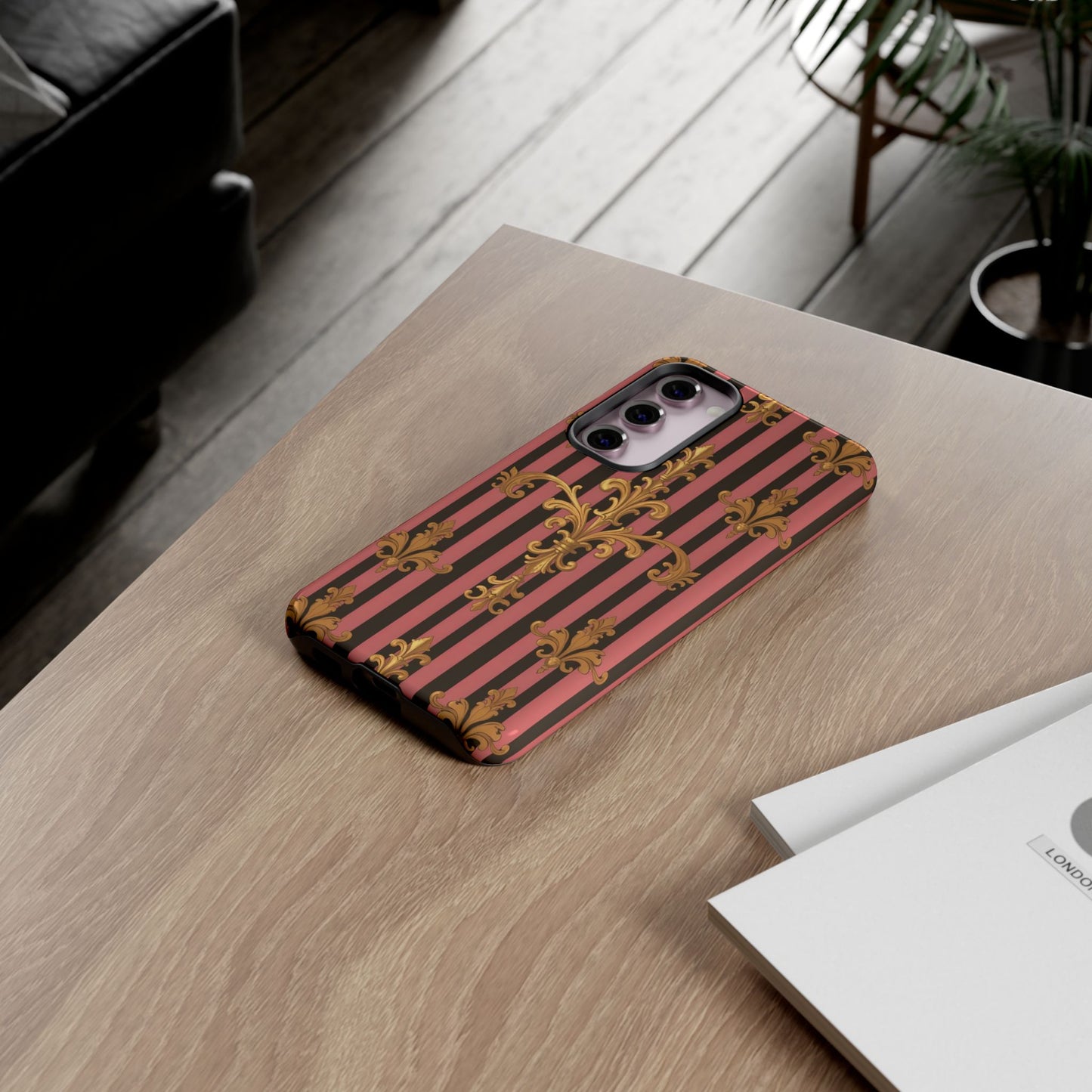 Elegant Floral Motif Phone Case - Tough Cases with Vintage Design - Mauve Striped Gold Damask
