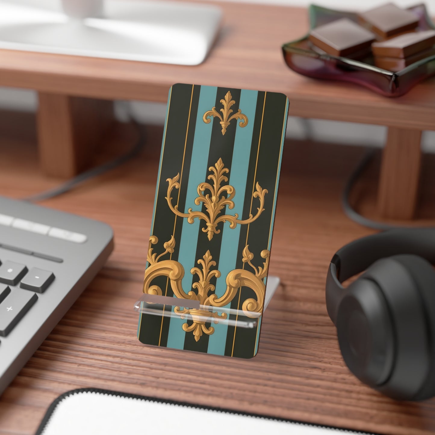 Elegant Smartphone Display Stand, Chic Phone Holder, Stylish Desk Decor, Home Office Accessory - Black & Turquoise Striped Baroque