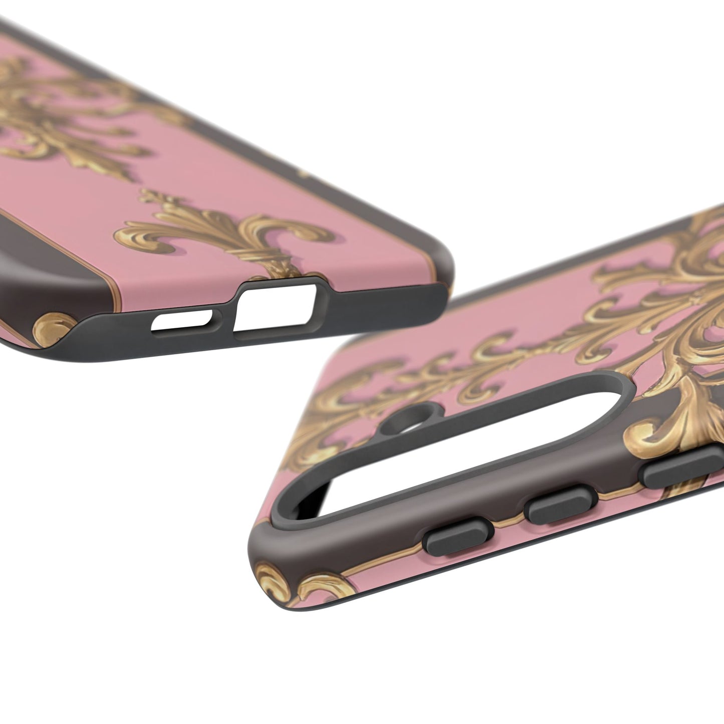 Elegant Floral Motif Phone Case - Tough Cases with Vintage Design - Pink & Brown Striped Gold Damask