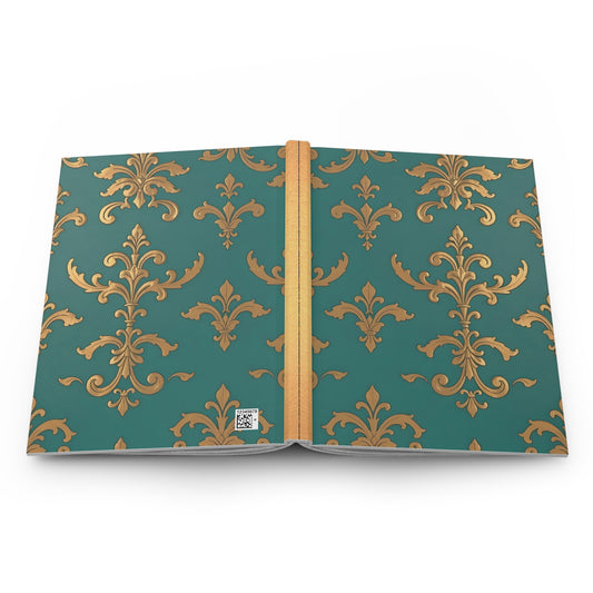 Elegant Floral Hardcover Journal - Stylish Writing Notebook - Aqua & Gold Damask Design