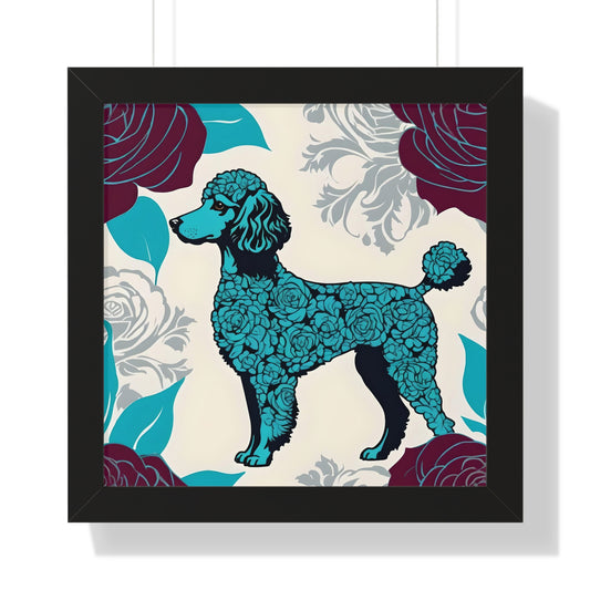 Vertical Poster - Stylish Framed - Art for Home Decor - Rose Inspired Turquoise Poodle With Burgundy Roses