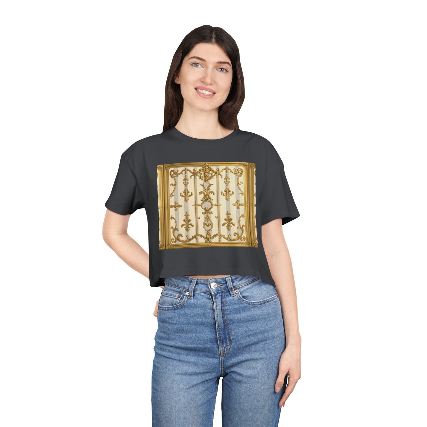Elegant Vintage Women's Crop Tee, Stylish Oversized Top, Casual Summer Shirt, Trendy Women's Apparel - Matte Gray & Cream Striped Gold Baroque